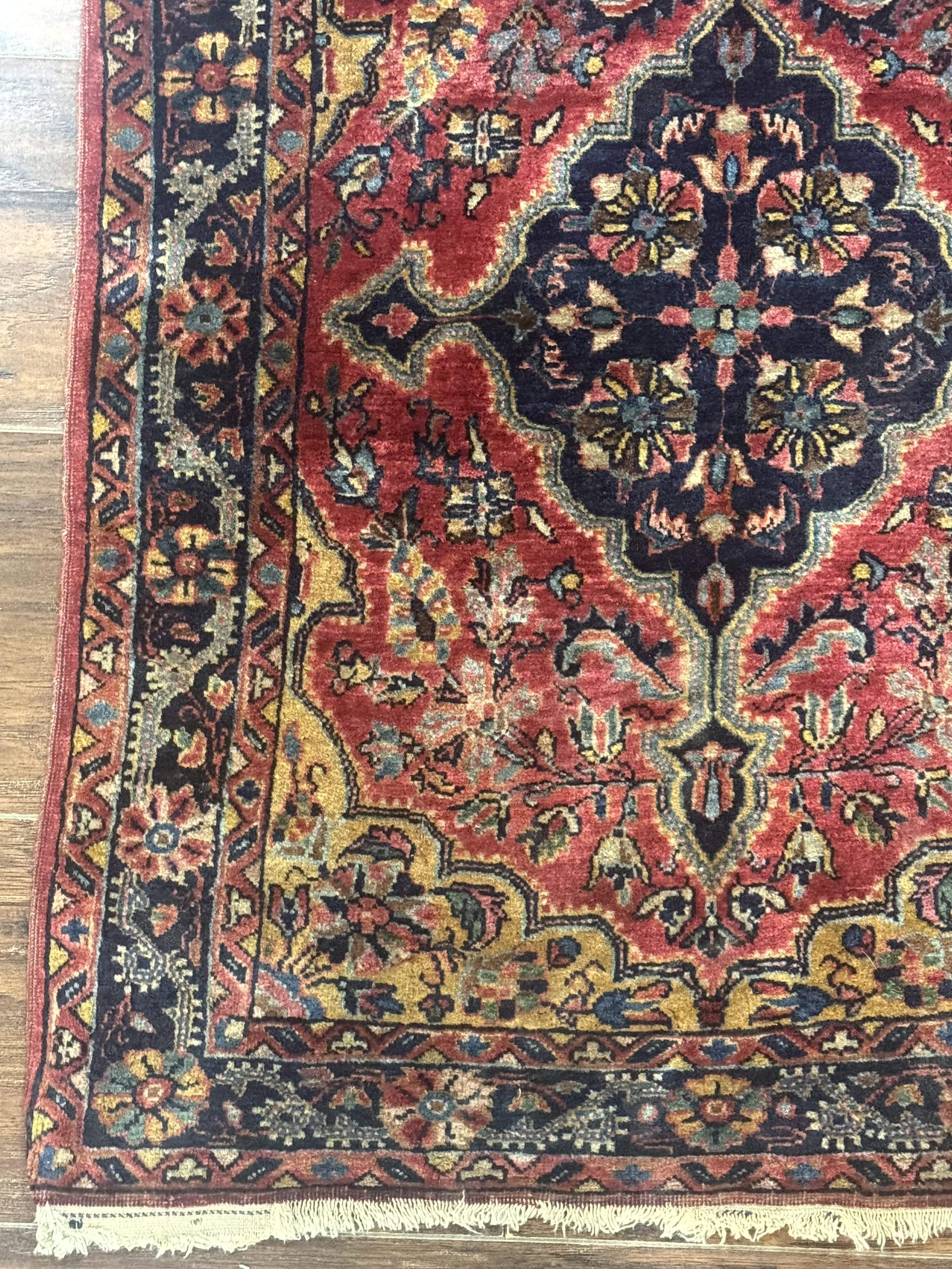 Persian Sarouk Rug 2x3 – Red and Navy, Small Hand-Knotted Wool Antique Accent Rug - Jewel Rugs