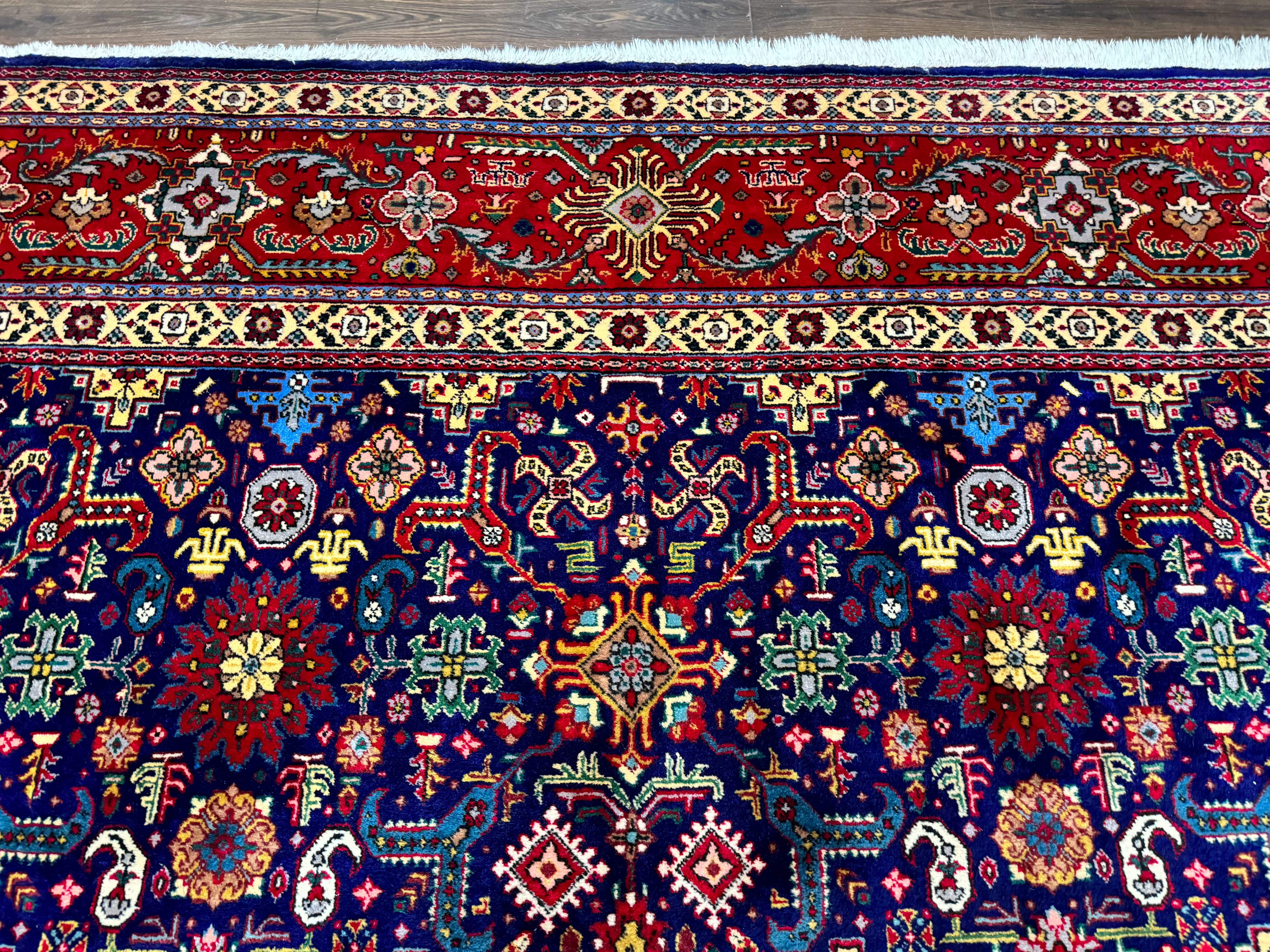 Large Persian Tabriz Rug 10x16, Navy Blue and Red, Allover Pattern, Vintage Hand Knotted Wool Carpet - Jewel Rugs