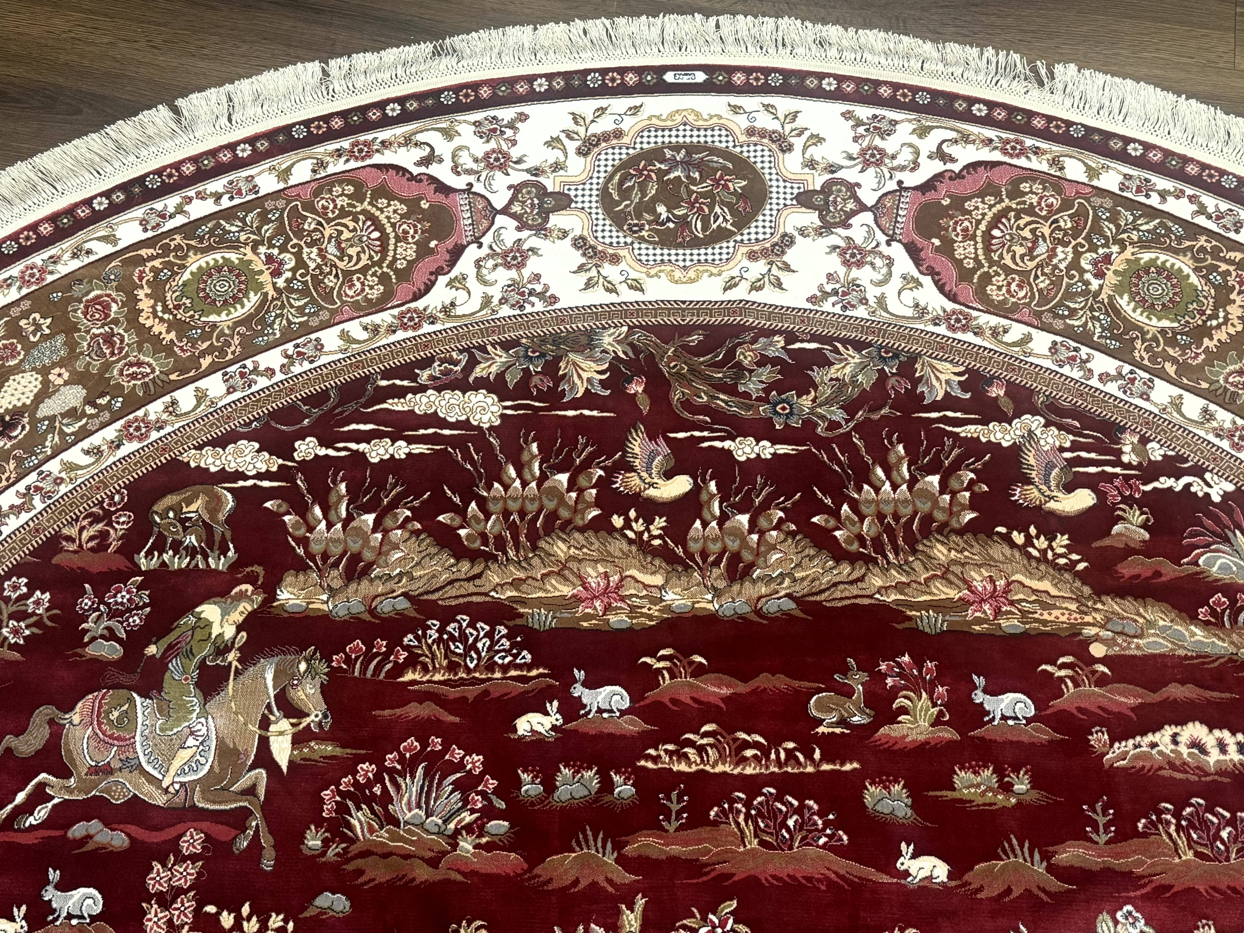 Large Round Turkish Silk Rug 8x8, Hunting Design, Dark Red & Ivory, Bamboo Silk - Jewel Rugs