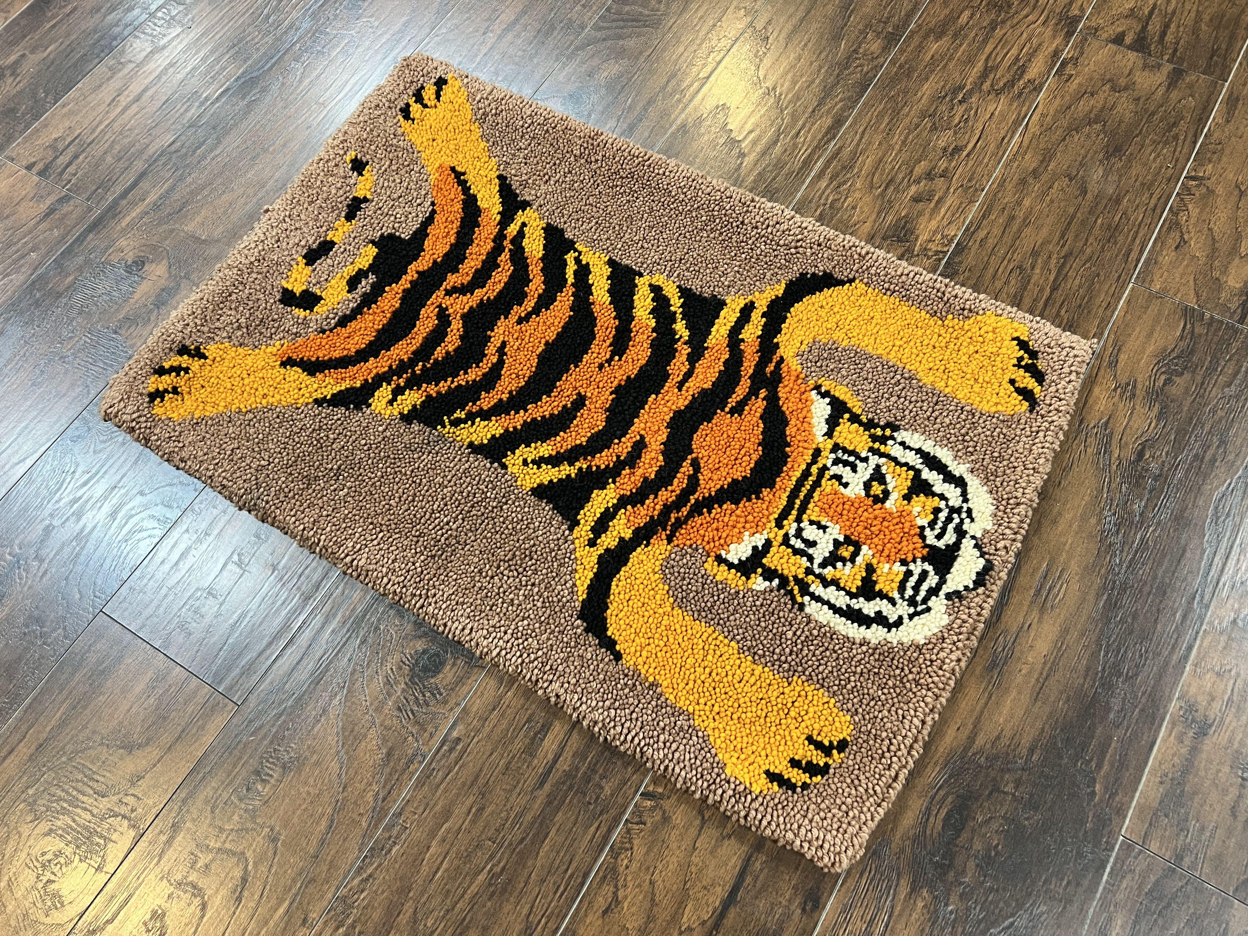 Small Hooked Rug 2x3, Tibetan Tiger Design, Wool, Unique Hooked Rug, Vintage - Jewel Rugs