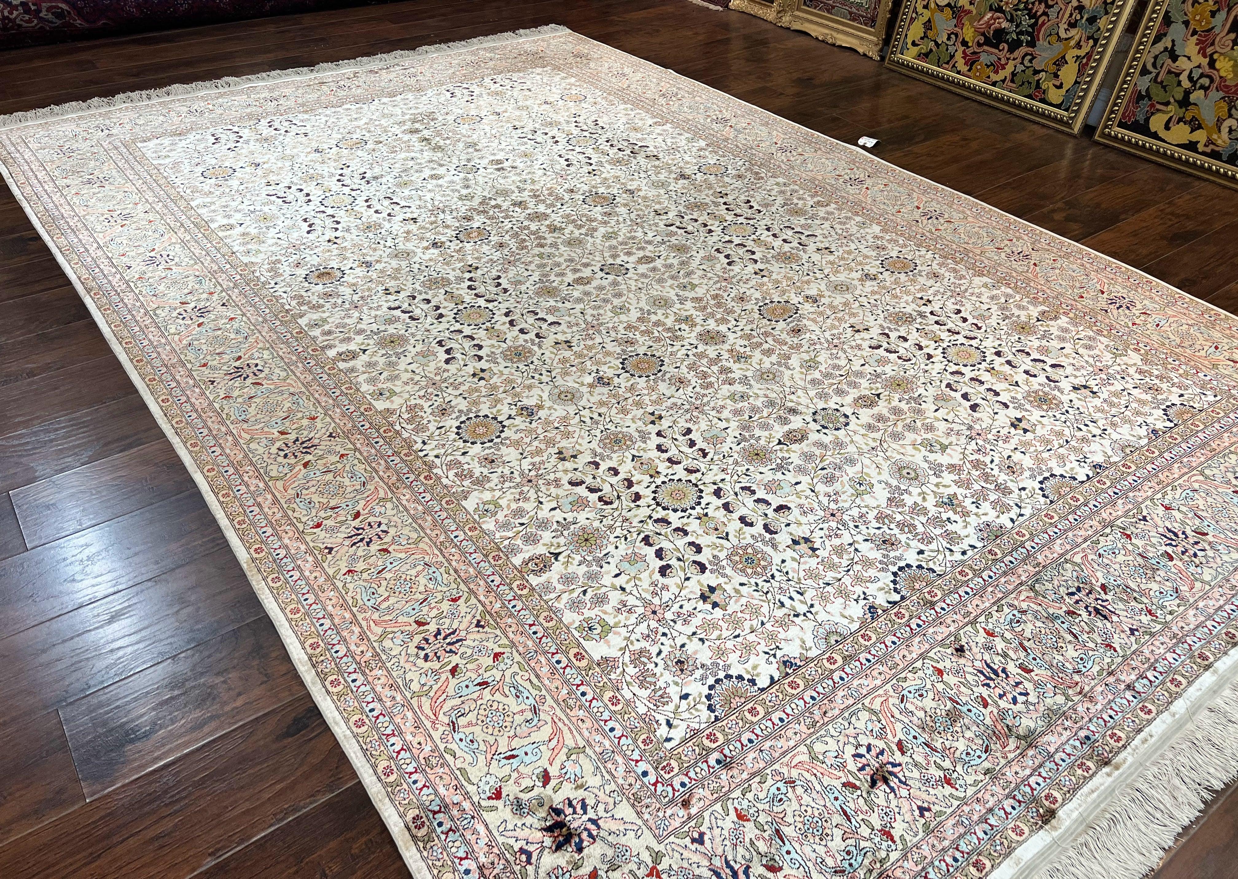 Wonderful Silk Hereke Rug 8x12, Silk Pile on Silk Foundation, Ivory/Cream, Floral Pattern, Handmade, Vintage - Jewel Rugs