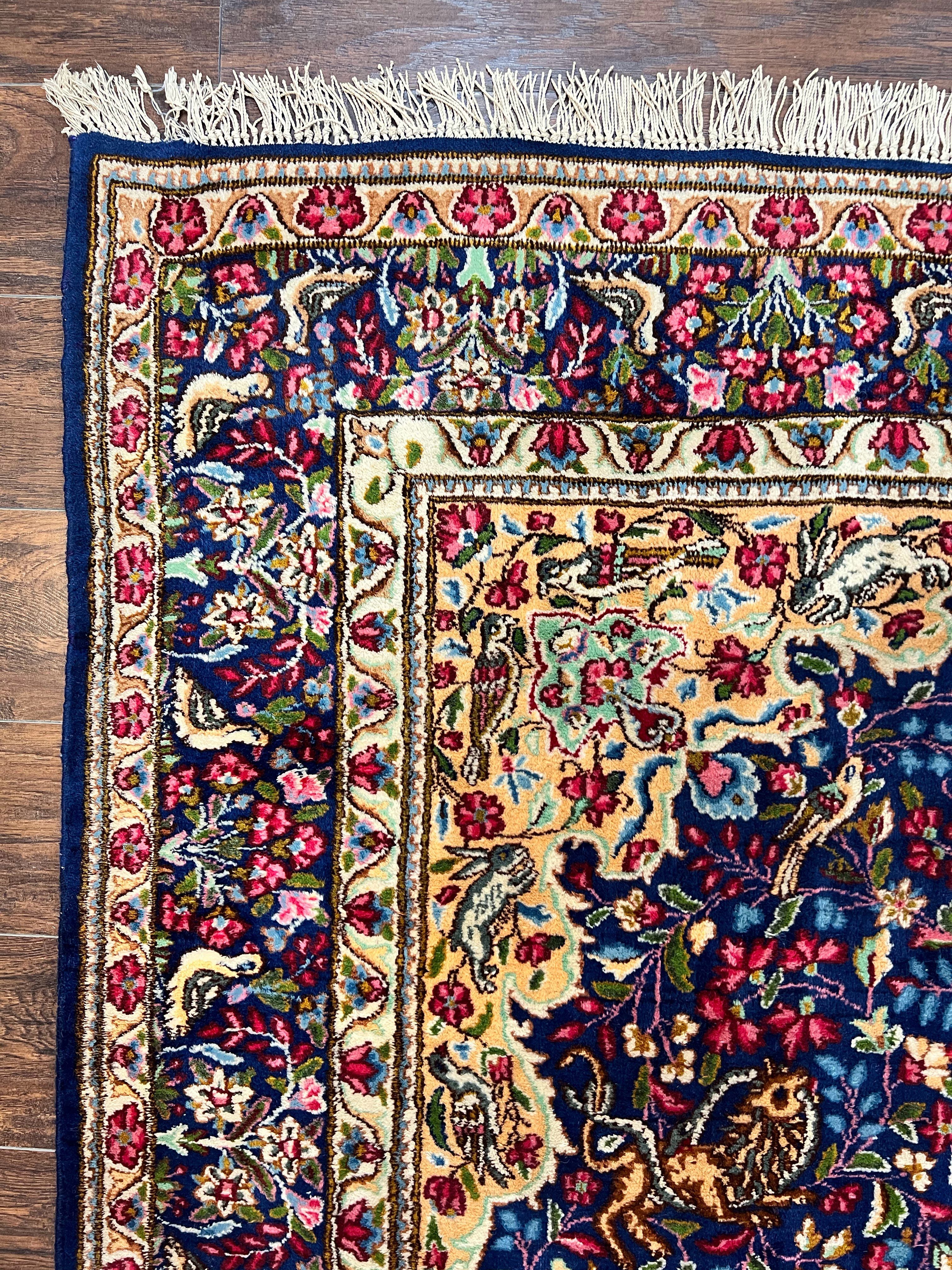 Persian Kirman Rug 6x9, Floral Medallion Vintage Wool Handmade Carpet 6 x 9, Animal Pictorials Birds, Semi Antique, Navy Blue, Millefleur - Jewel Rugs
