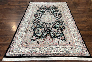 Sino Persian Rug 6x9, Floral Medallion, Wool and Silk Highlights, Handmade Vintage Elegant Traditional Carpet, Fine 300 KPSI