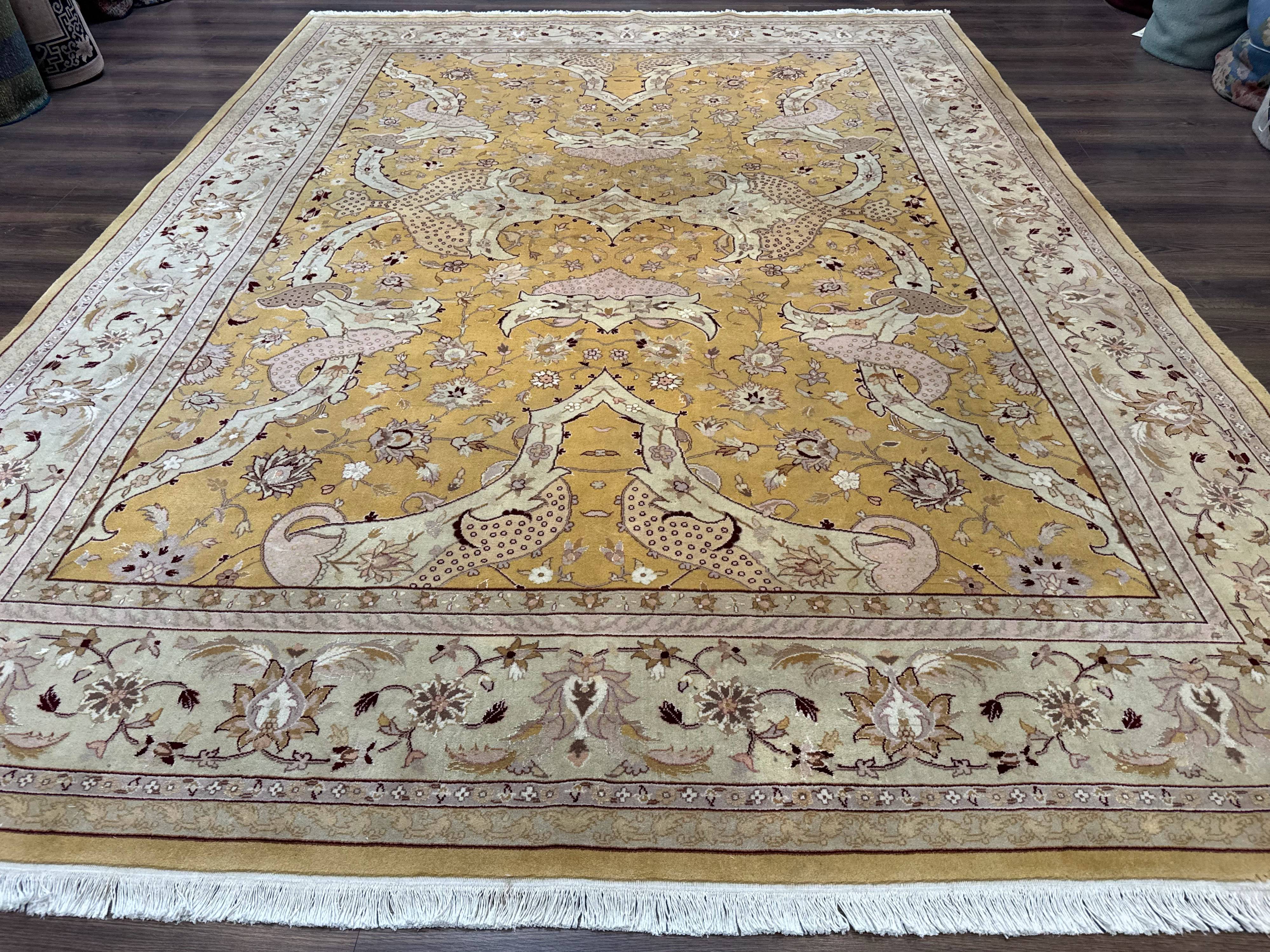 Sino Persian Rug 8x11, Wool with Silk Highlights, Unique Colors, Gold and Light Green, Fine 240 KPSI - Jewel Rugs