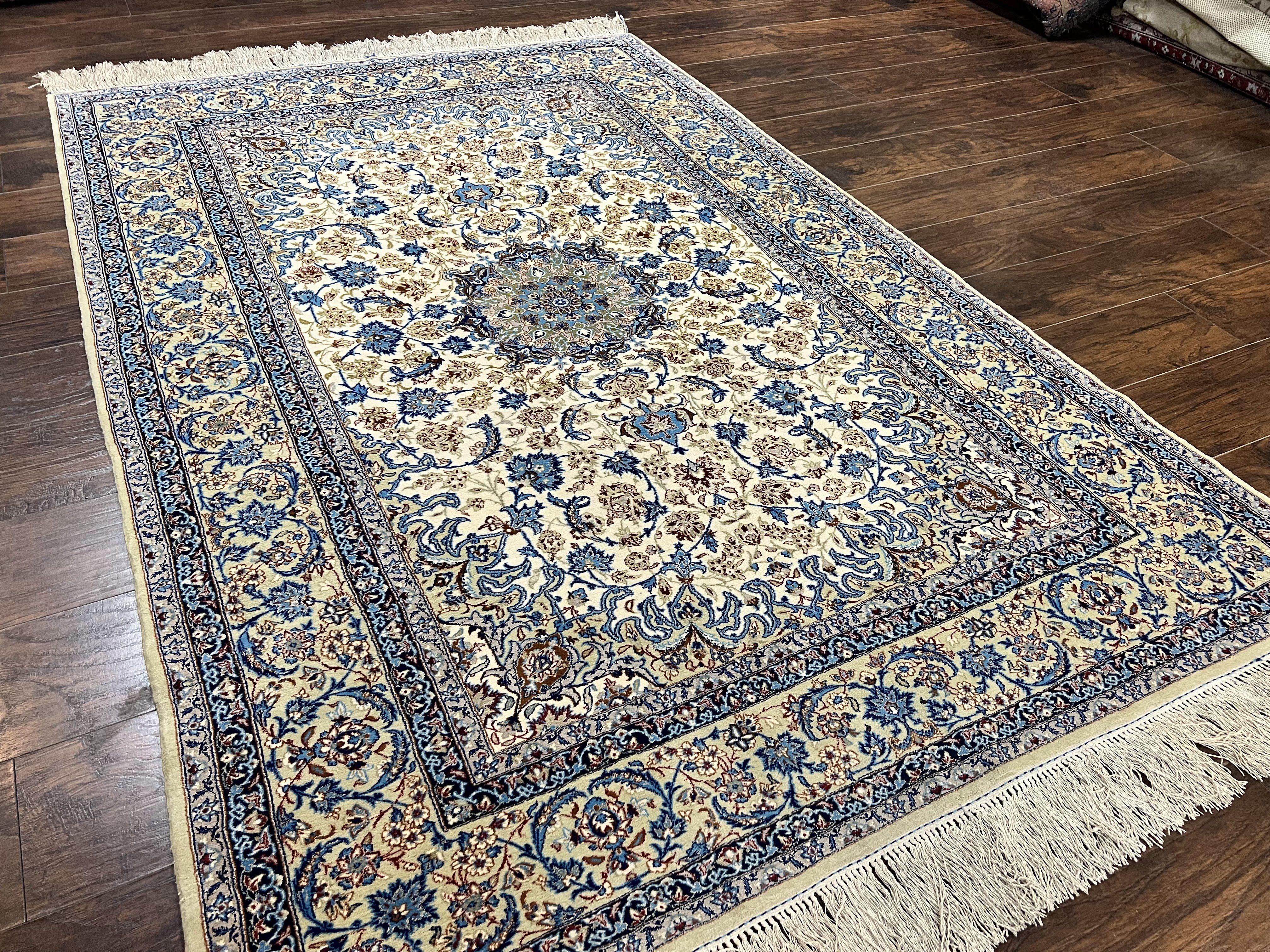 Persian Isfahan Rug 5x8, Kork Wool on Silk Foundation, 440 KPSI, Handmade Vintage Carpet, Floral Medallion Oriental Rug, Ivory & Blue, Very Fine - Jewel Rugs