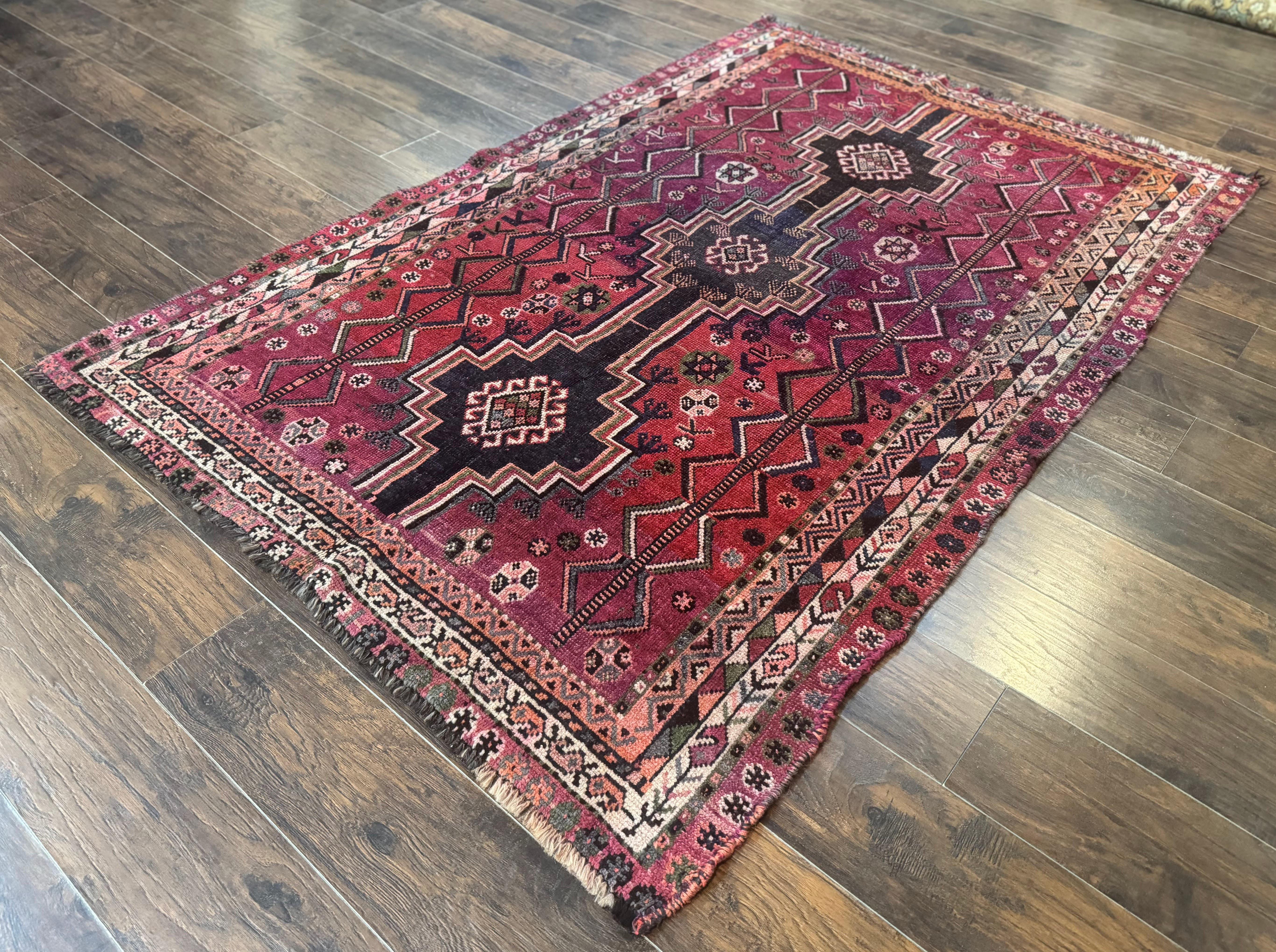 Persian Tribal Shiraz Rug 5x8, Geometric, Raspberry Red and Charcoal, Antique Persian Carpet - Jewel Rugs