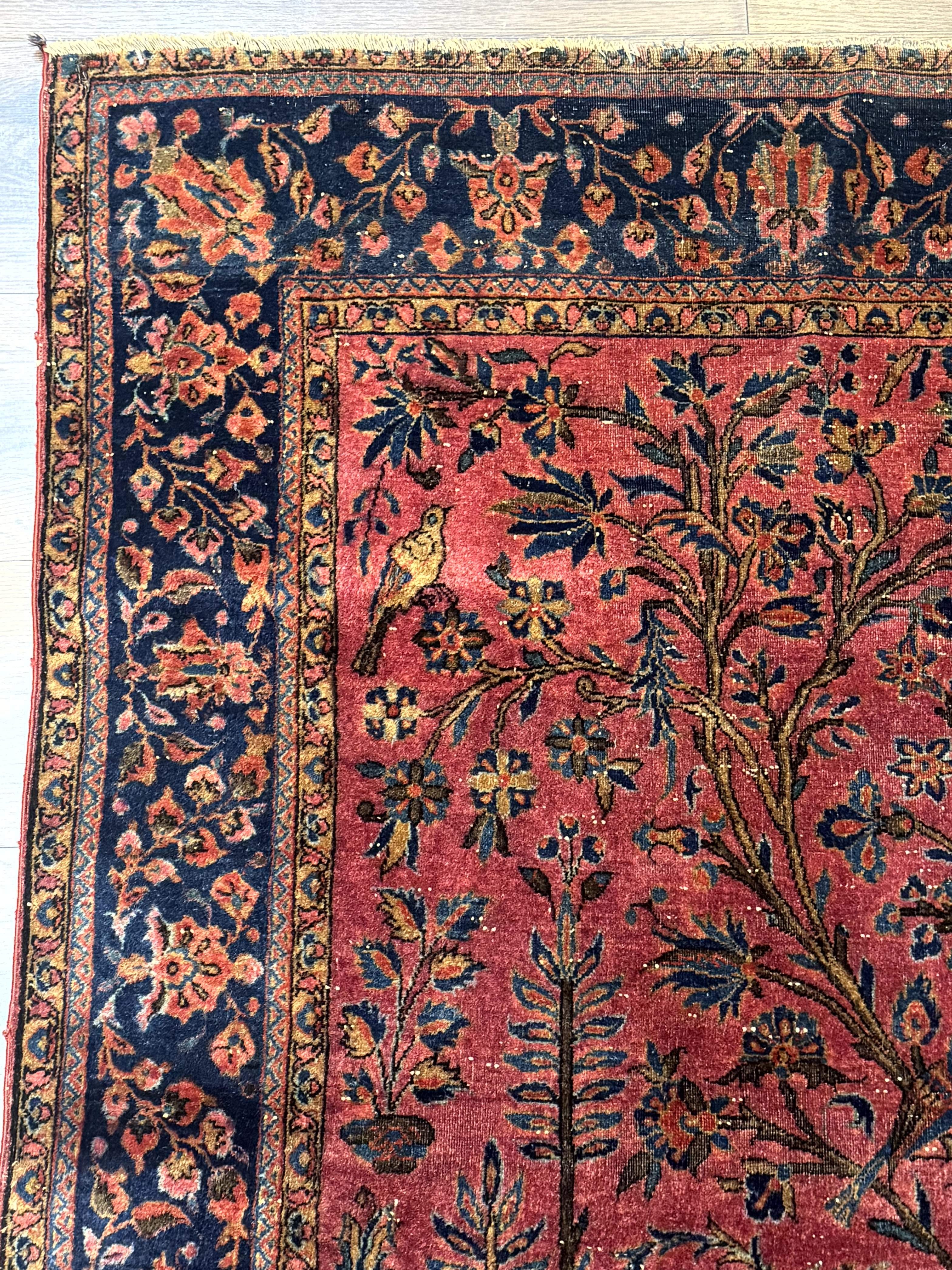 Antique Persian Tree of Life Rug 3x5, Manchester Wool, Bird Pictorials, Fine 240 KPSI, Red Navy Blue - Jewel Rugs