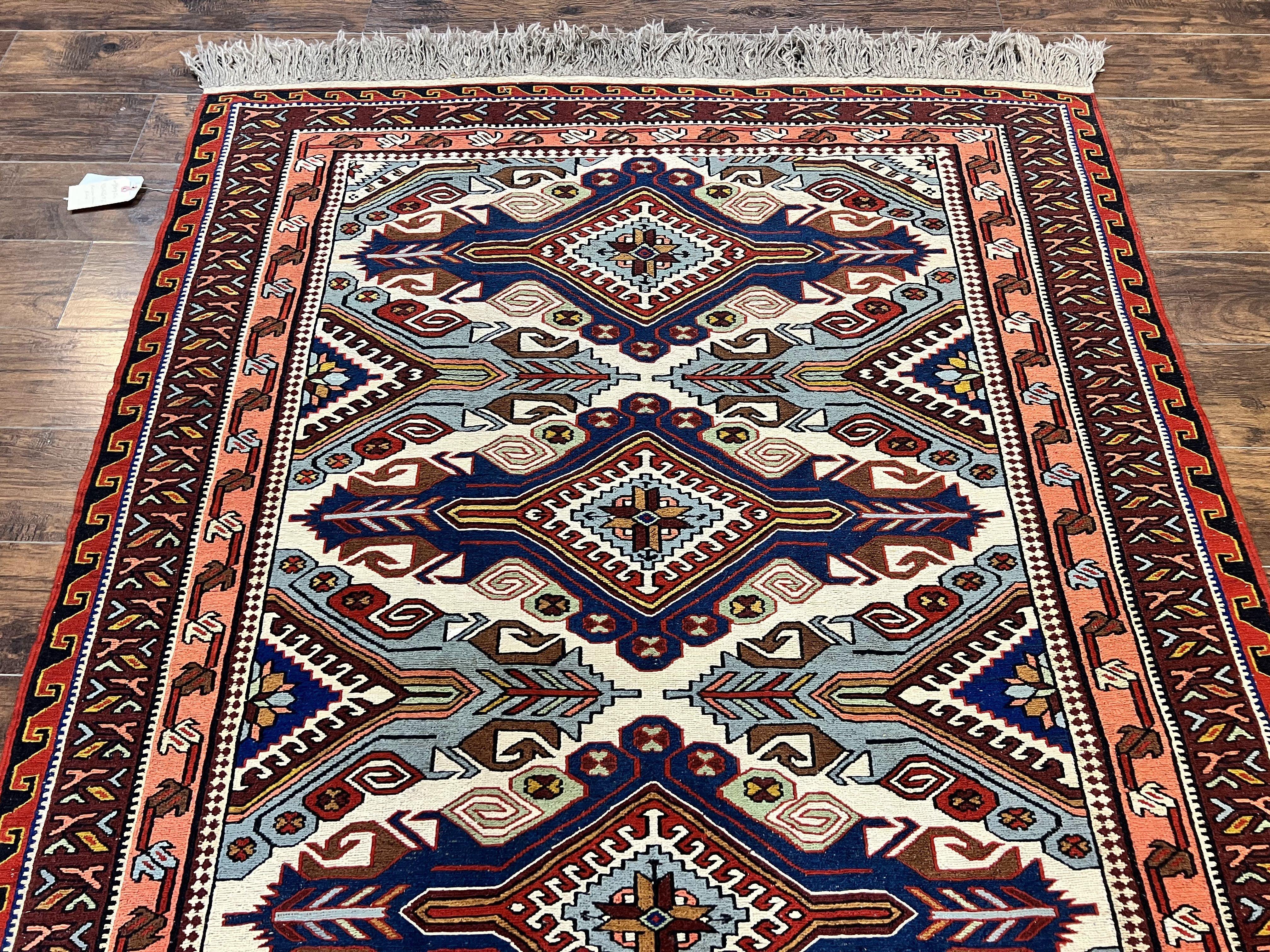 Russian Soumak Rug 6x8, Wool Handmade Antique Kilim Carpet, Multicolor 6 x 8 Geometric Medallions Caucasian Rug, Medium Size - Jewel Rugs