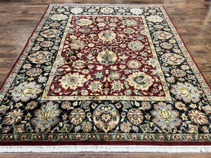 Indo Persian Rug 8x10, Wool Hand Knotted Vintage Carpet, Dark Red, Indian Mahal Rug, Agra Design, 8 x 10 Room Sized Oriental Rug