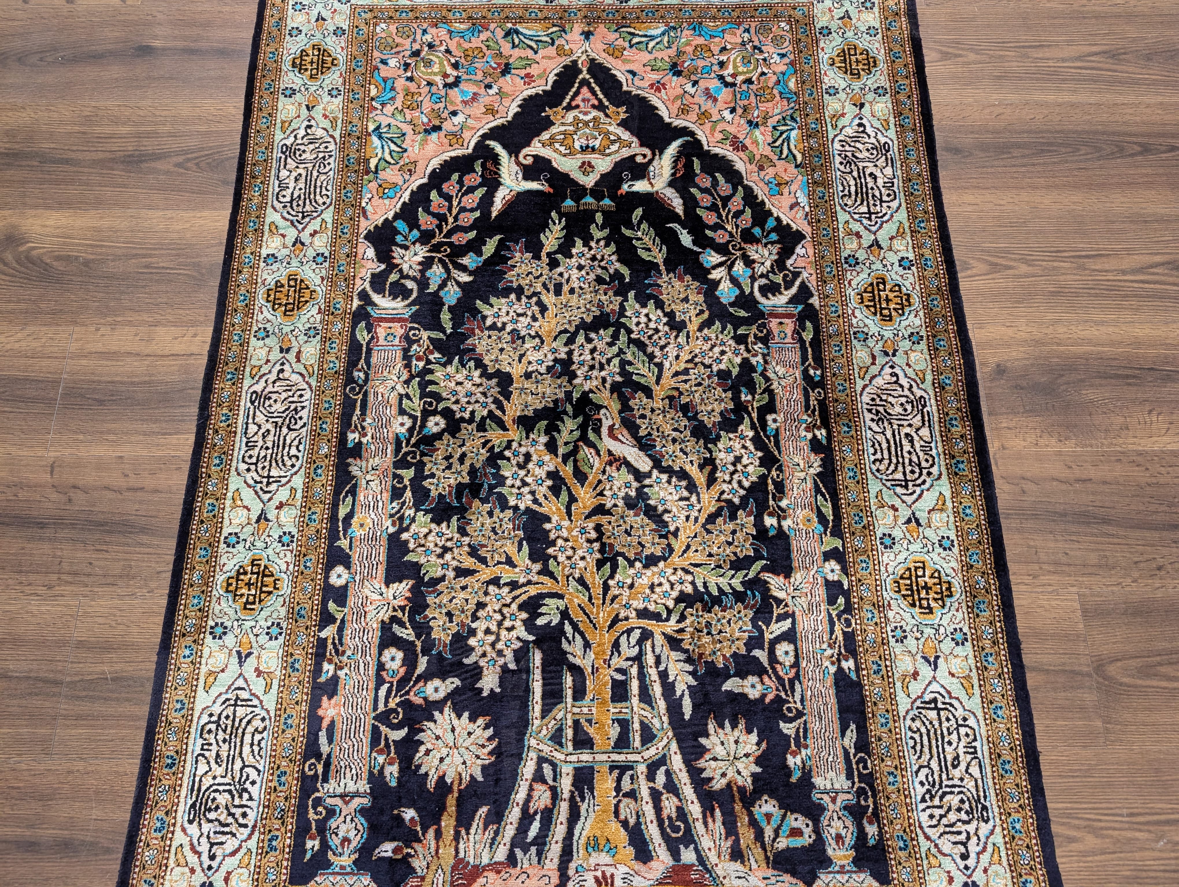 Wonderful Silk Persian Rug 4x5, Tree of Life Carpet, Qum Rug, Prayer Rug, Bird Pictorials - Jewel Rugs
