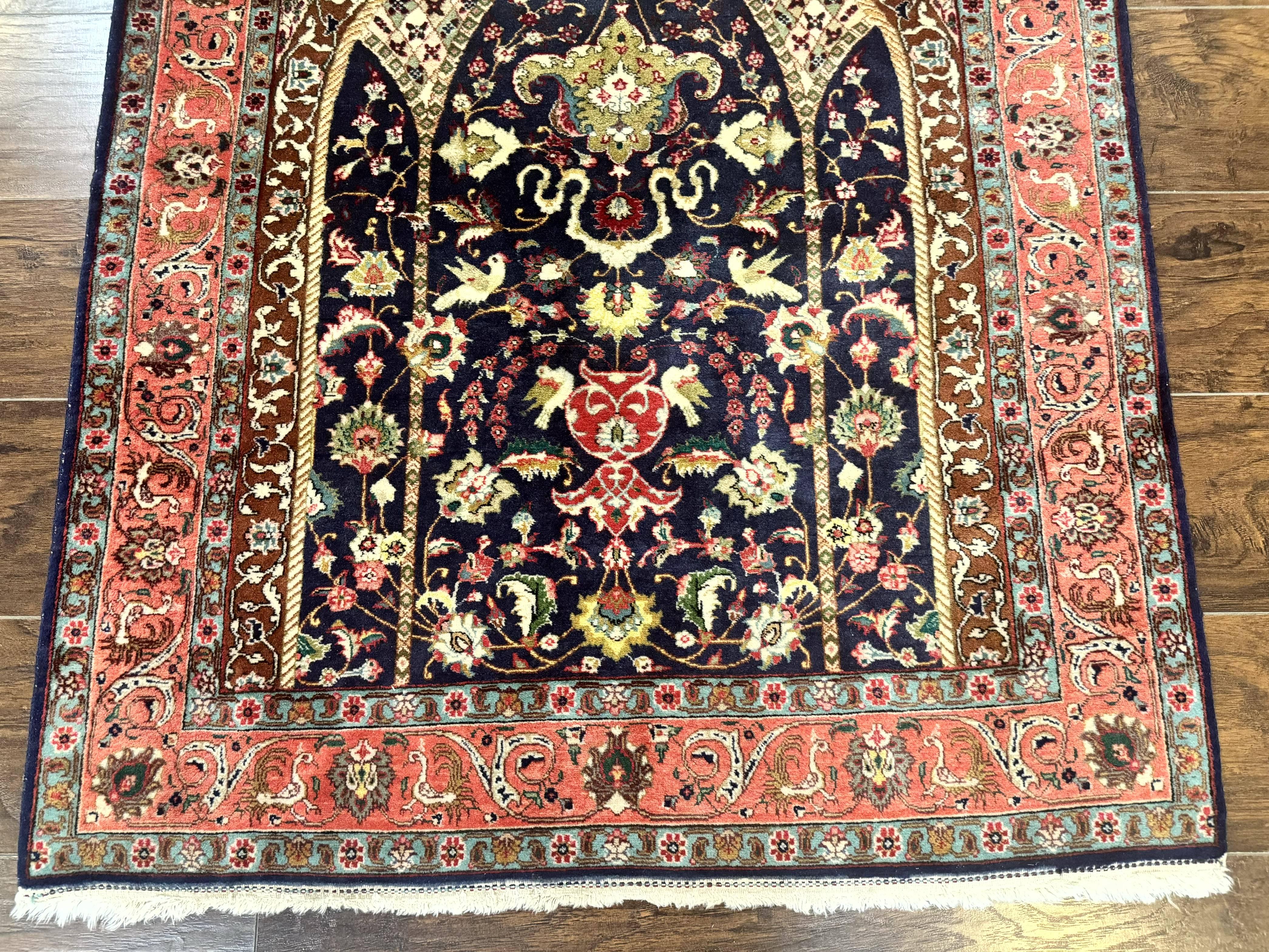 Persian Tabriz Rug 3x4, Navy Blue, Birds, Floral, Prayer Rug, Handmade Wool Rug, Finely Hand Knotted 325 KPSI - Jewel Rugs