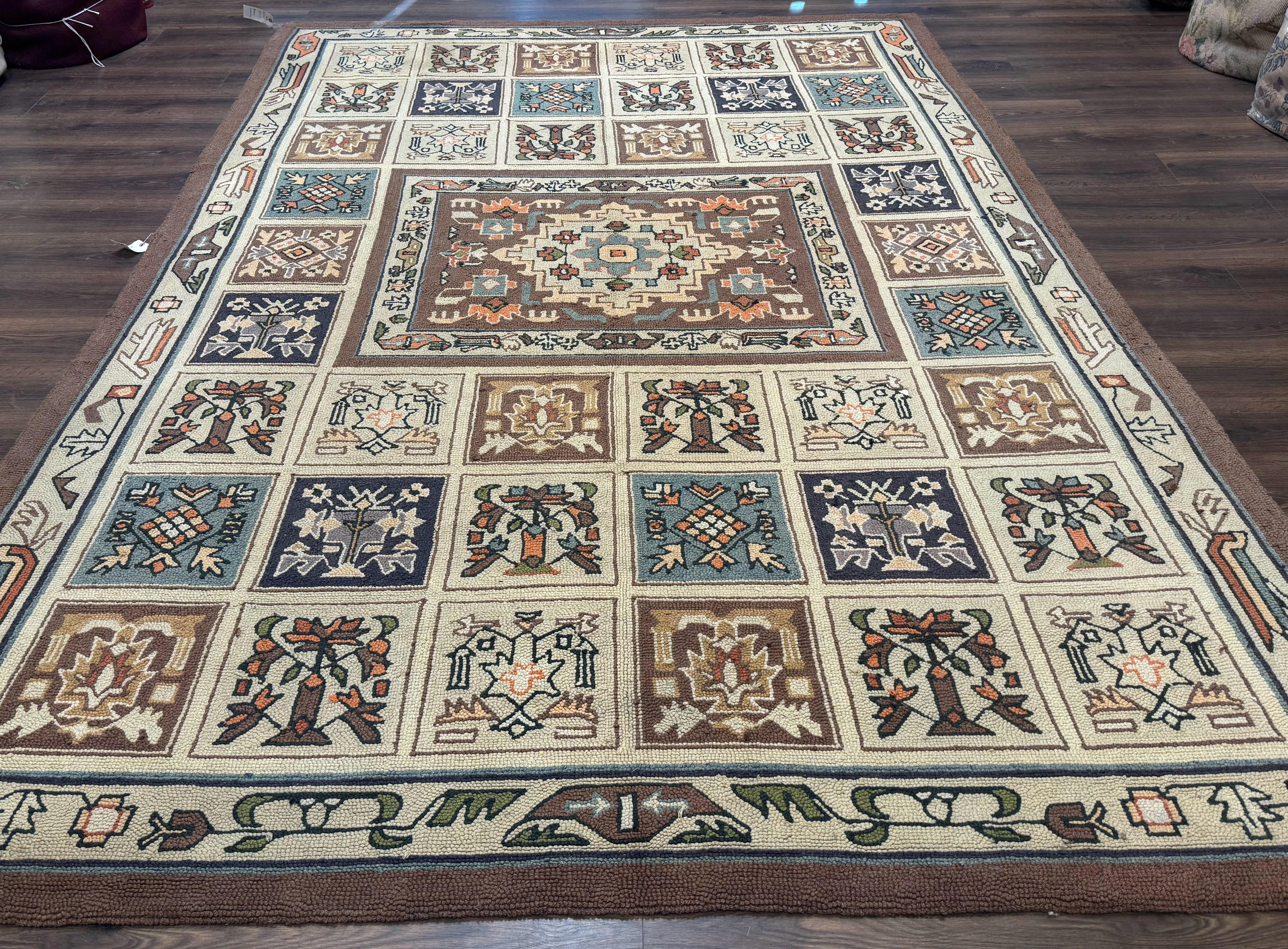Hooked Rug 8x11, Vintage, American Vintage Hand Hooked Area Rug, Multicolor Panel, Rare - Jewel Rugs
