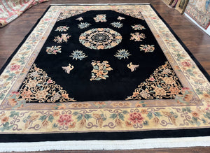 Chinese Wool Rug 9x12, Chinese Carving Carpet, Floral Medallion, Black and Beige, Butterflies, Vintage Asian Oriental Rug, 90 Line Rug