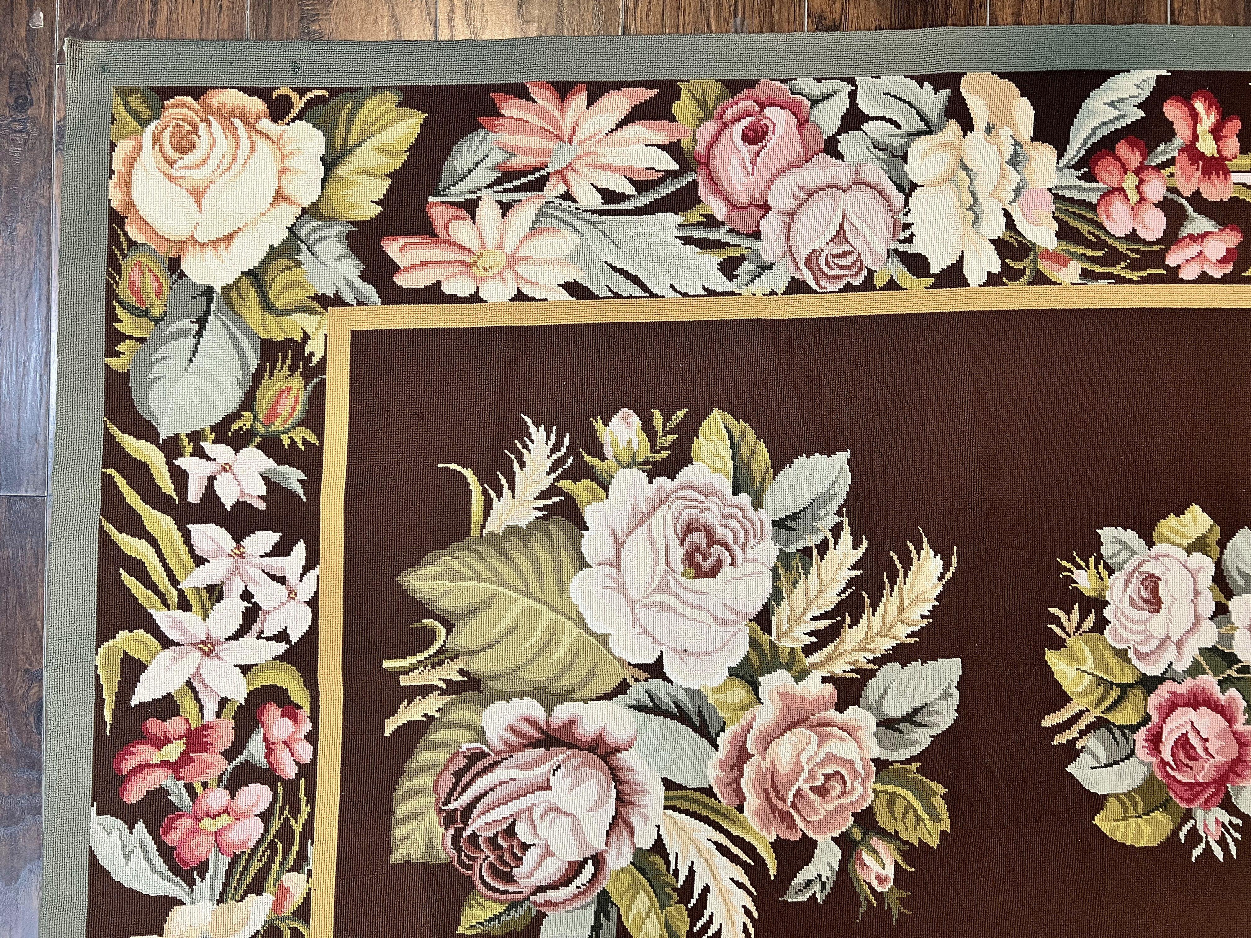 Vintage Needlepoint Rug 9x12, Large Handmade Hand-woven Needlepoint Carpet, Brown Area Rug, Floral Bouquets, Wool Rug, European Design - Jewel Rugs
