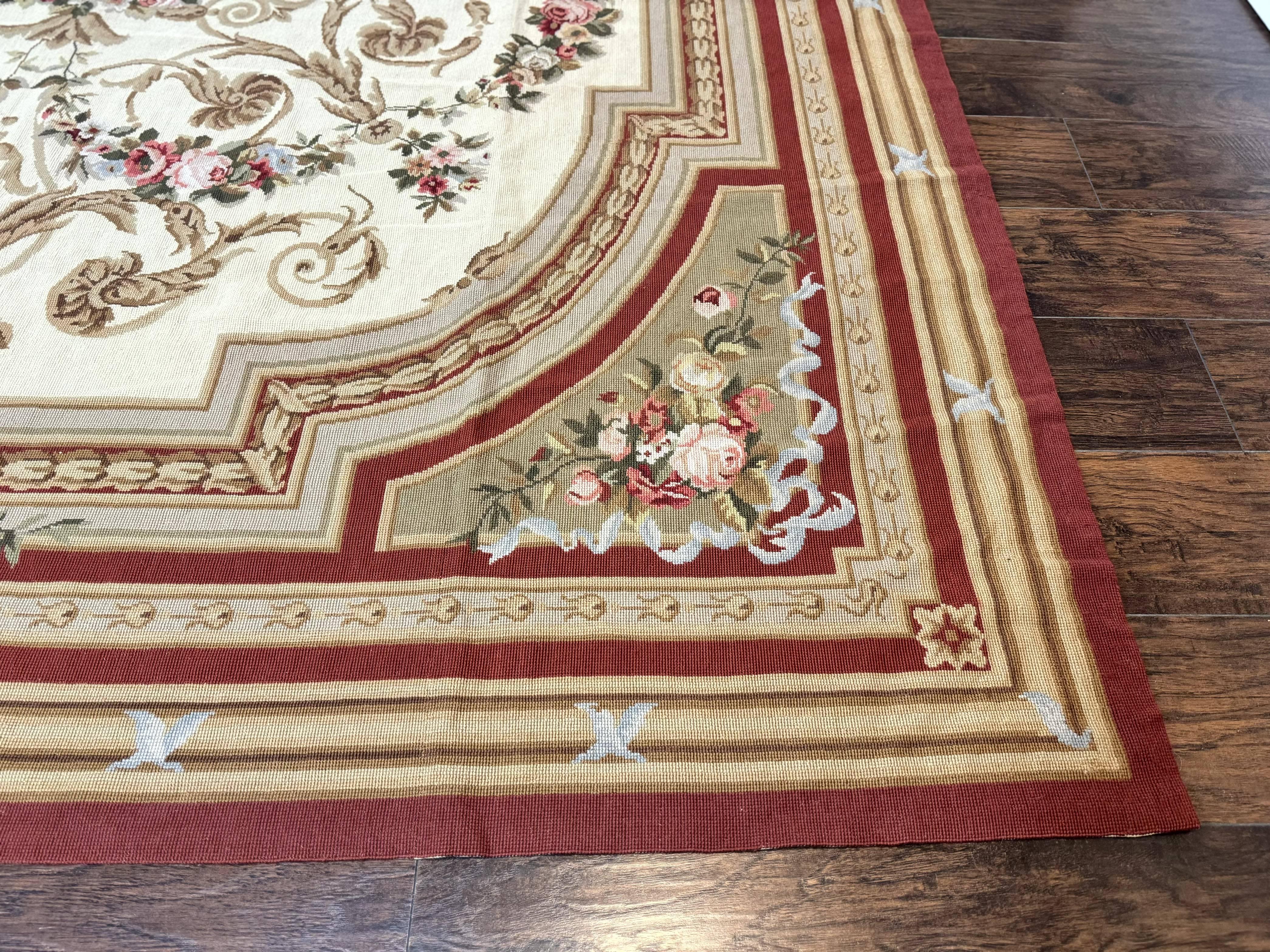Aubusson Needlepoint Rug 9x11, Handmade Vintage Wool Flatweave Carpet, Elegant European Rug, Floral, Cream - Jewel Rugs