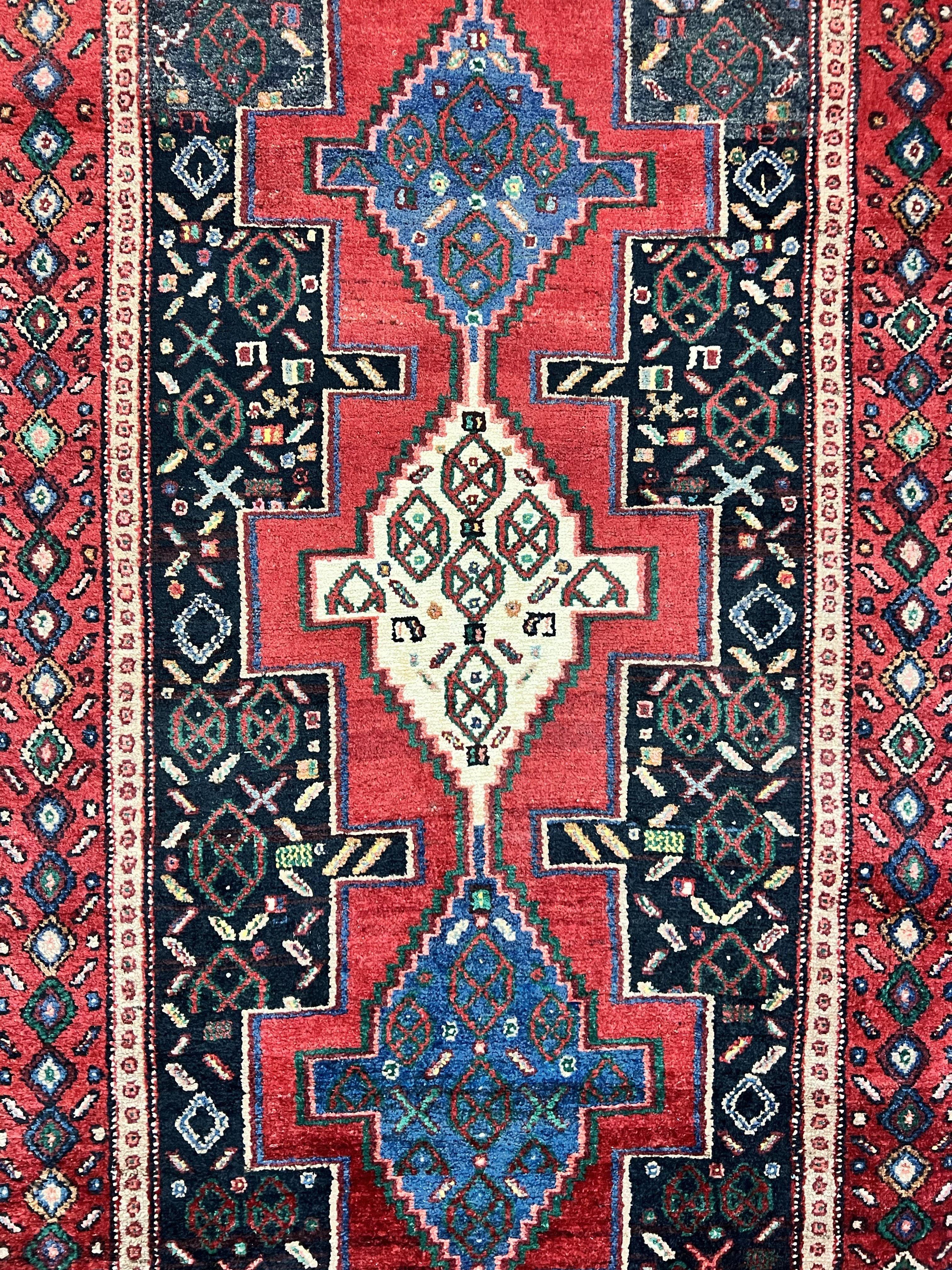 Persian Kurdish Senneh Runner Rug 3x9, Red Navy Blue, Medallions Wool Tribal Runner for Kitchen/Hallway 9ft Antique Handmade Oriental Runner - Jewel Rugs