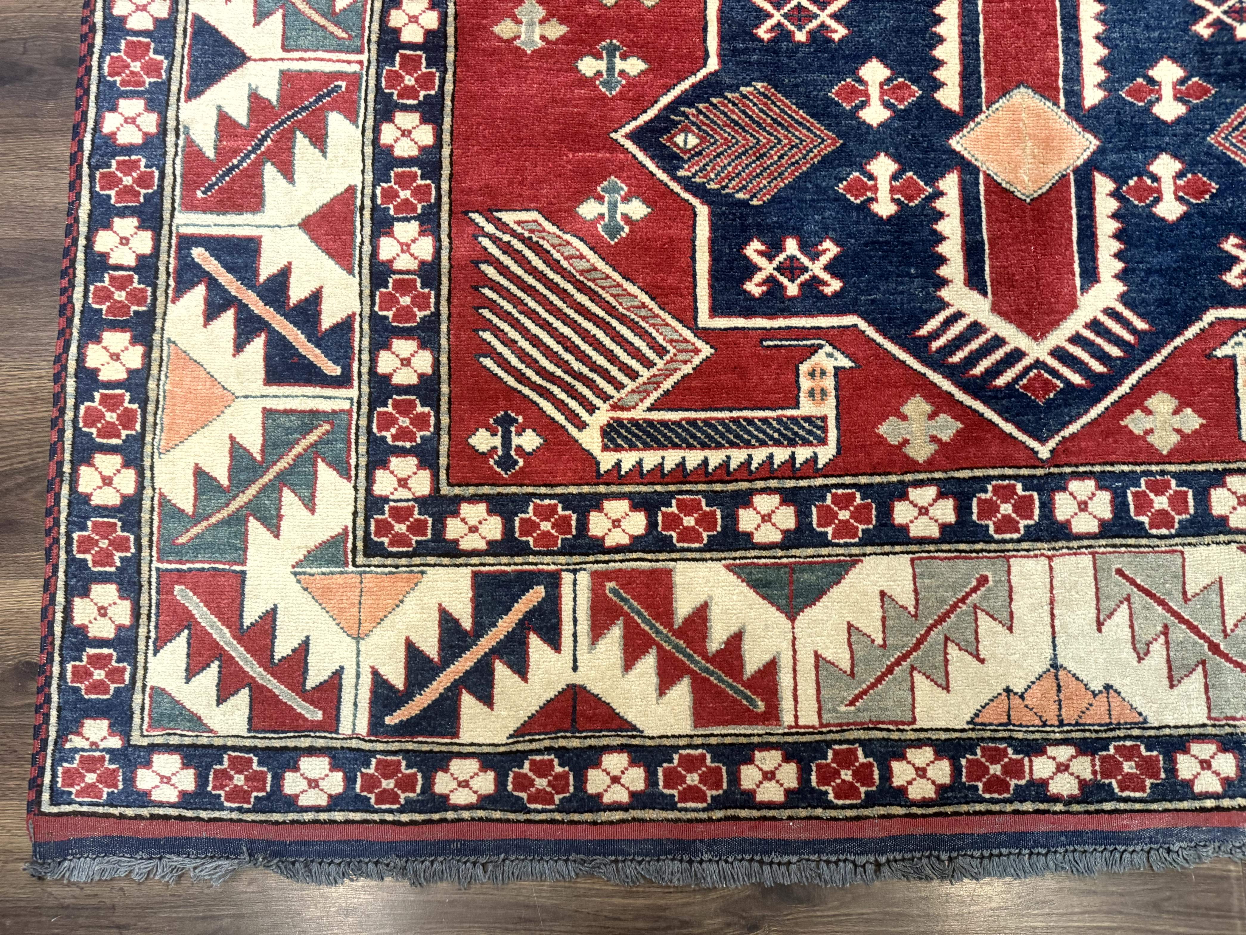 Turkish Kazak Rug 6x8, Caucasian Design, Geometric Medallions, Red Blue Beige - Jewel Rugs