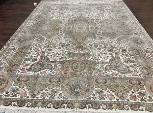 Sino Persian Rug 9x12, Wool on Silk Foundation Hand Knotted Ivory Vintage Carpet, Birds Design, Very Fine Room Sized Floral Oriental Rug