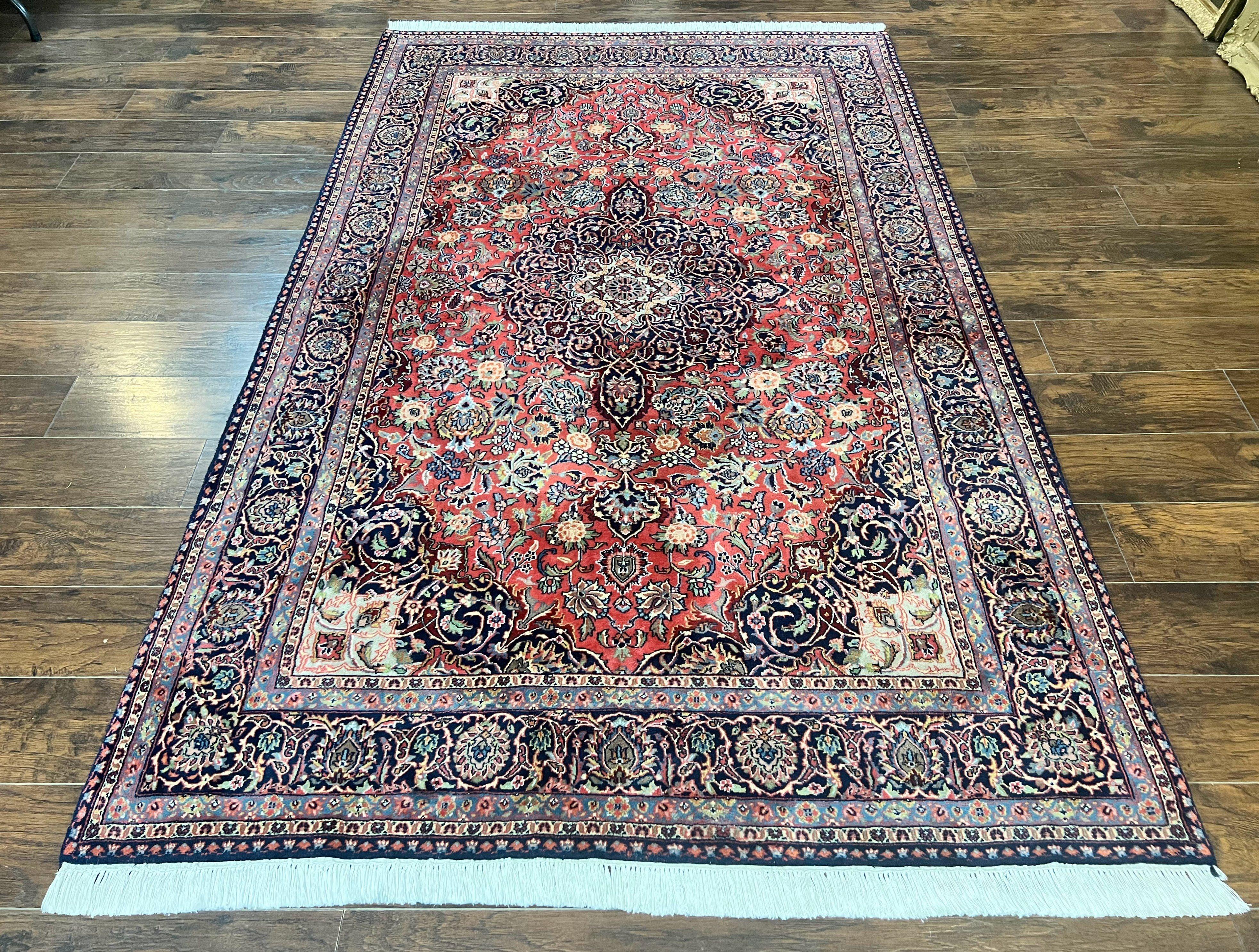 Persian Kashan Rug 6x9, Red and Dark Blue, Handmade Vintage Wool Carpet, Floral Medallion - Jewel Rugs