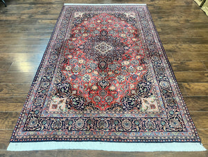 Persian Kashan Rug 6x9, Red and Dark Blue, Handmade Vintage Wool Carpet, Floral Medallion