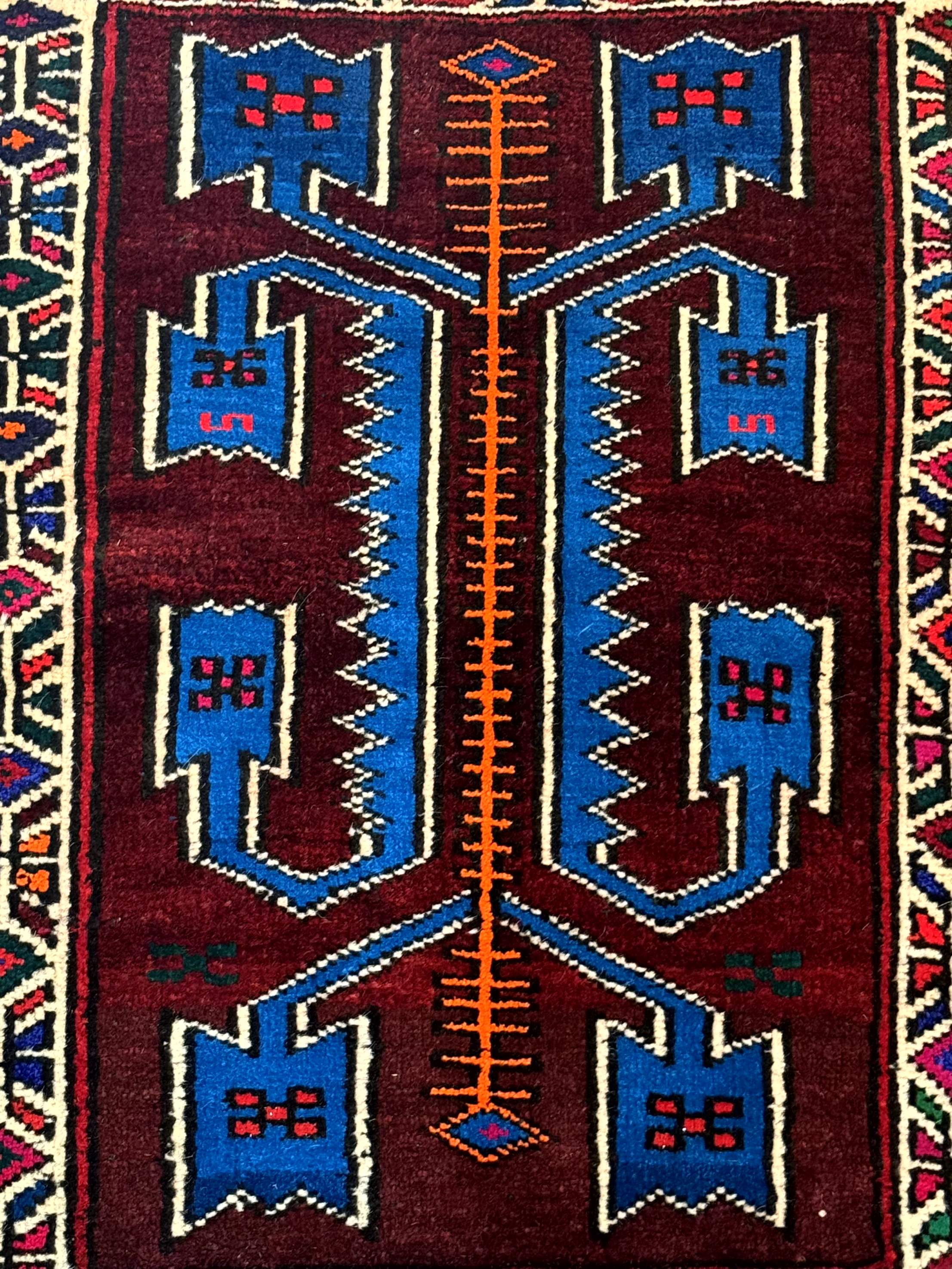 Persian Tribal Rug 1.8 x 2, Small Balouchi Rug, Unique Design, Burgundy and Blue - Jewel Rugs