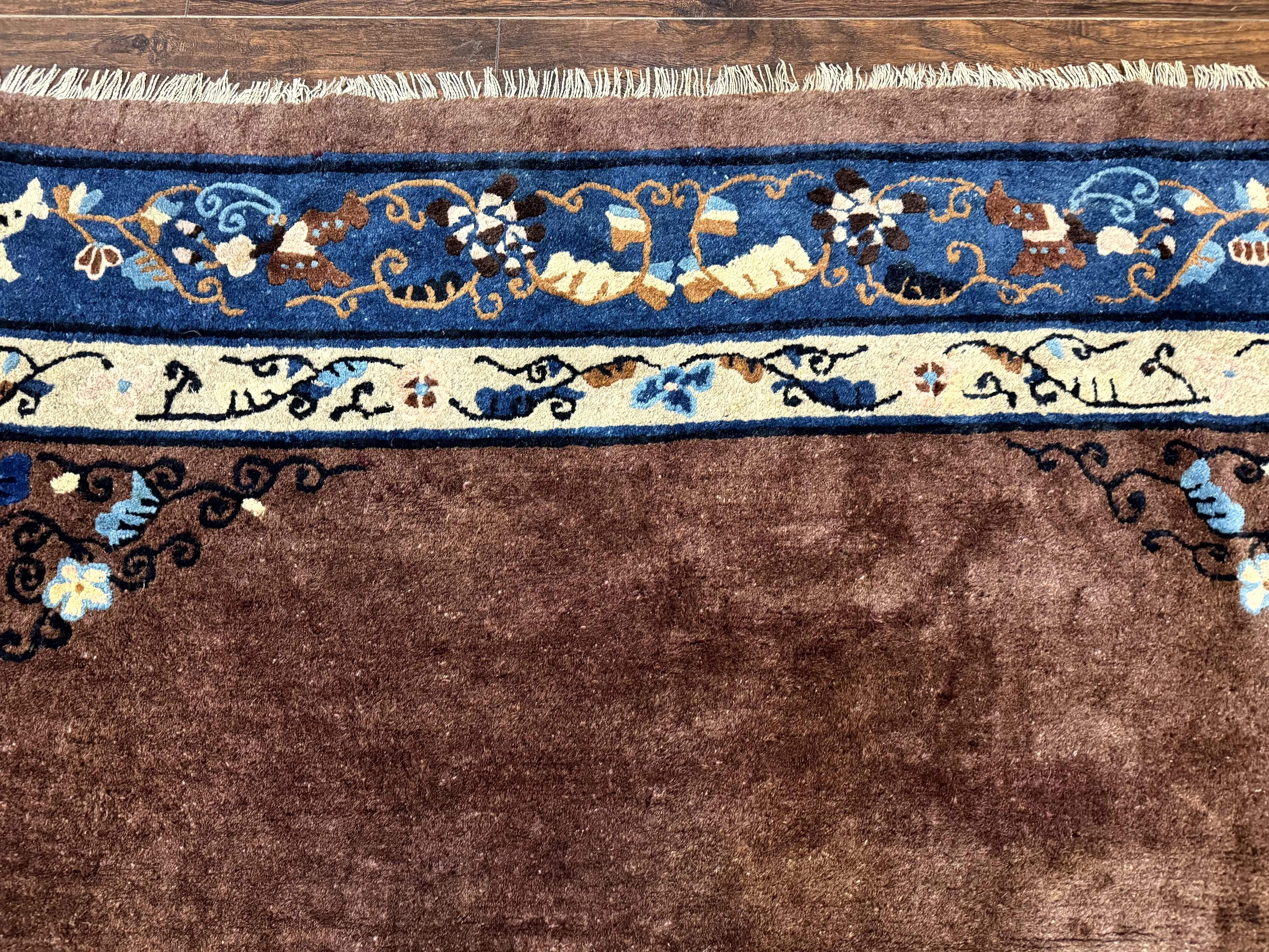Antique Chinese Wool Rug 9x11, Large Chinese Art Deco Rug, Peking Rug, Brown and Blue, Open Field, Fete Rug - Jewel Rugs