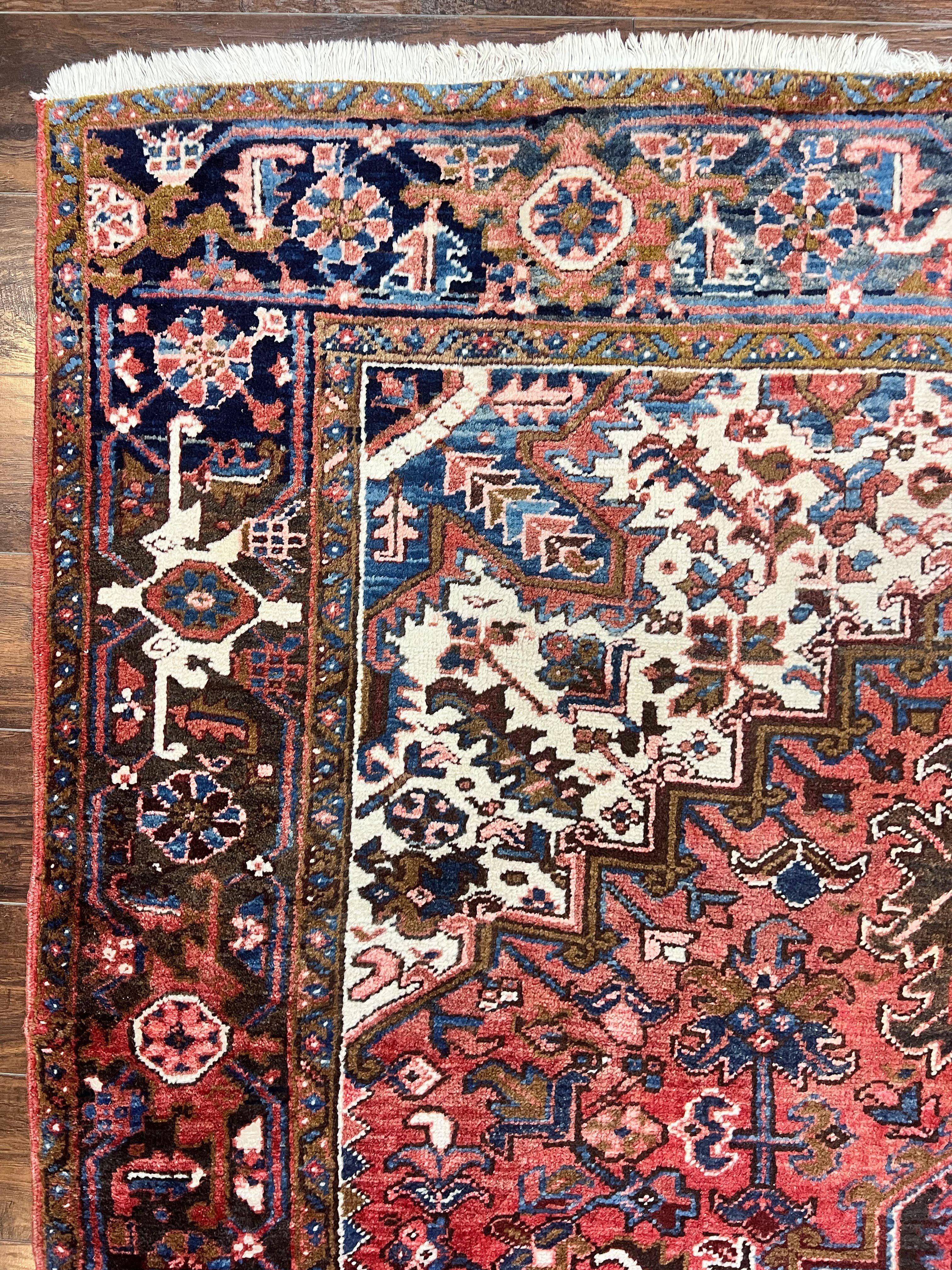 Persian Heriz Rug 7x10, Wool Hand Knotted Vintage Geometric Carpet, Red and Ivory, 7 x 10 Oriental Rug - Jewel Rugs