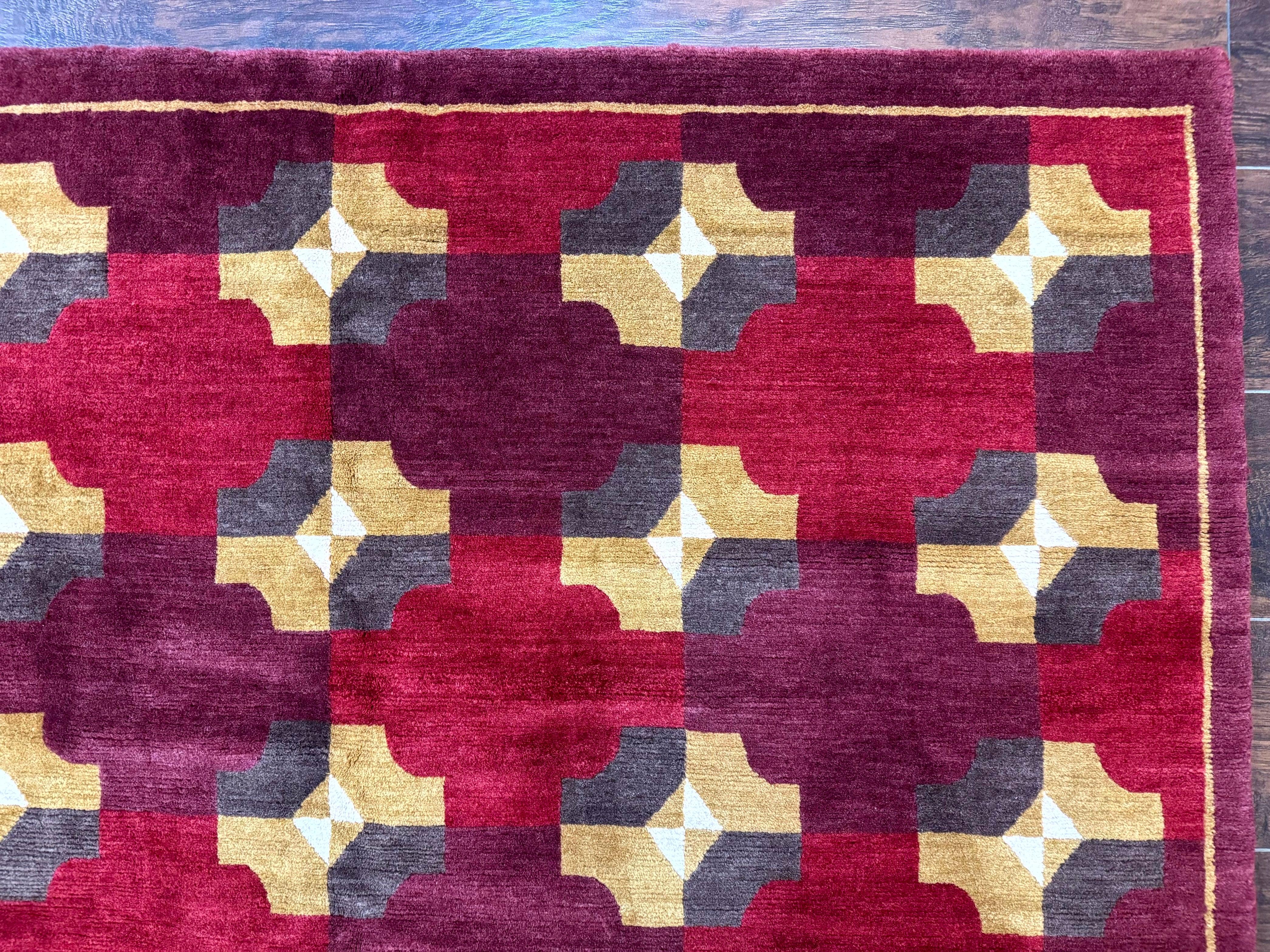 Modern Tibetan Rug 5 x 6.8, Wool, Red, Allover Pattern, Nepali Rug, Abstract Rug, Handmade Area Rug - Jewel Rugs