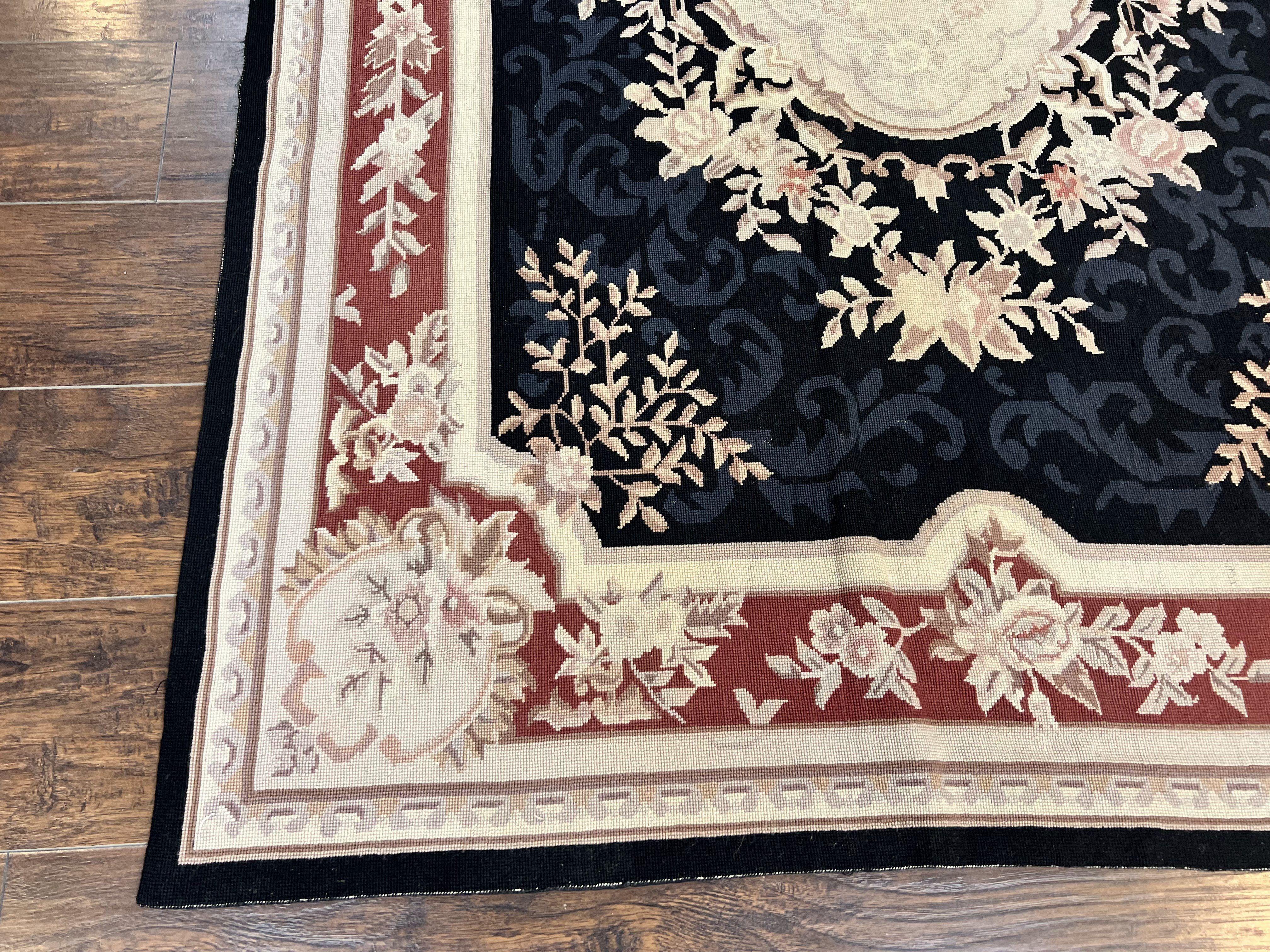 Needlepoint Rug 5x8, Wool Handmade Vintage European Design Carpet, Black & Maroon, French Aubusson Pattern Flatweave Rug - Jewel Rugs