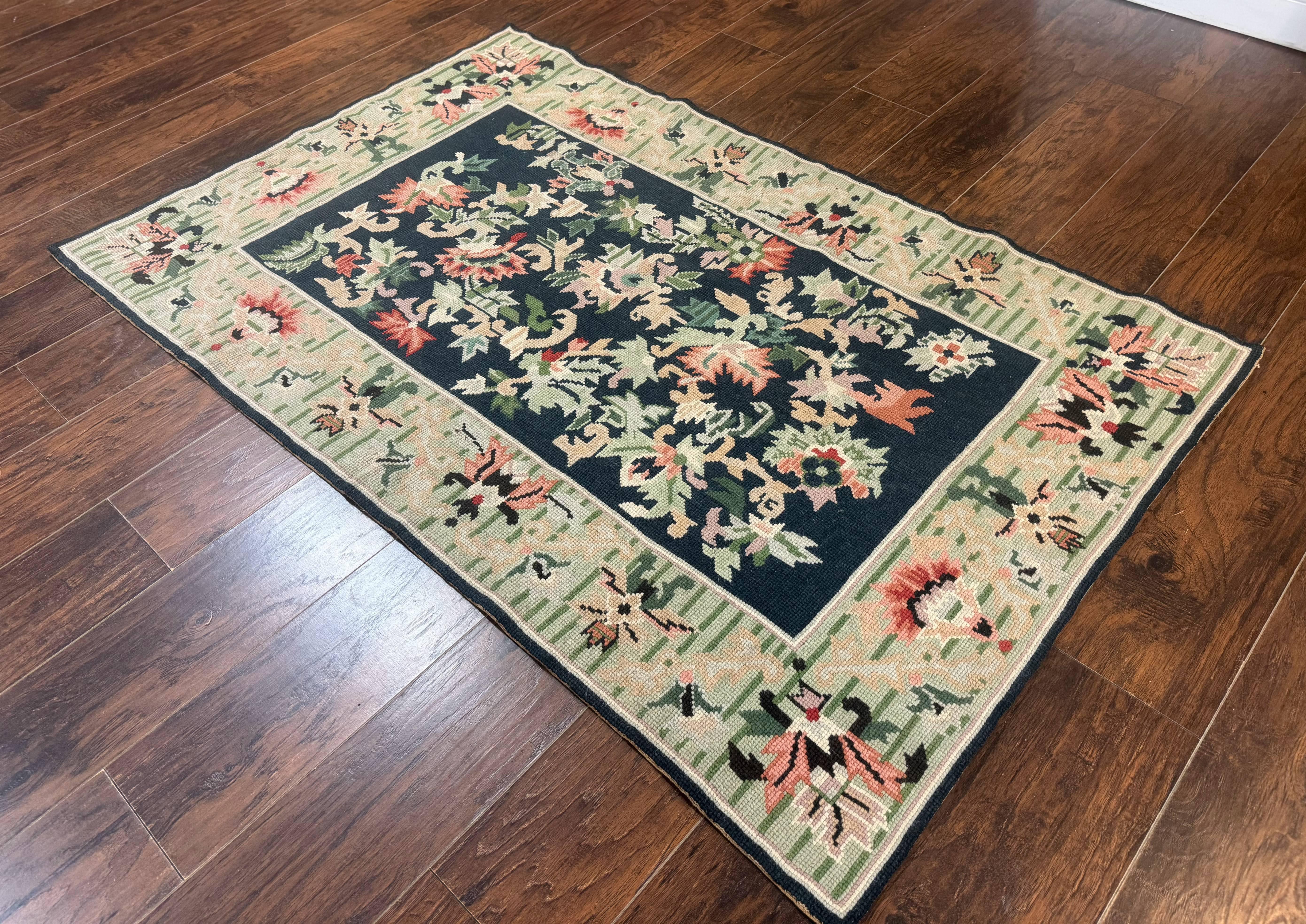 Vintage American Needlepoint Rug 4x6, Dark Green, Wool, Handmade, Flatweave Carpet - Jewel Rugs