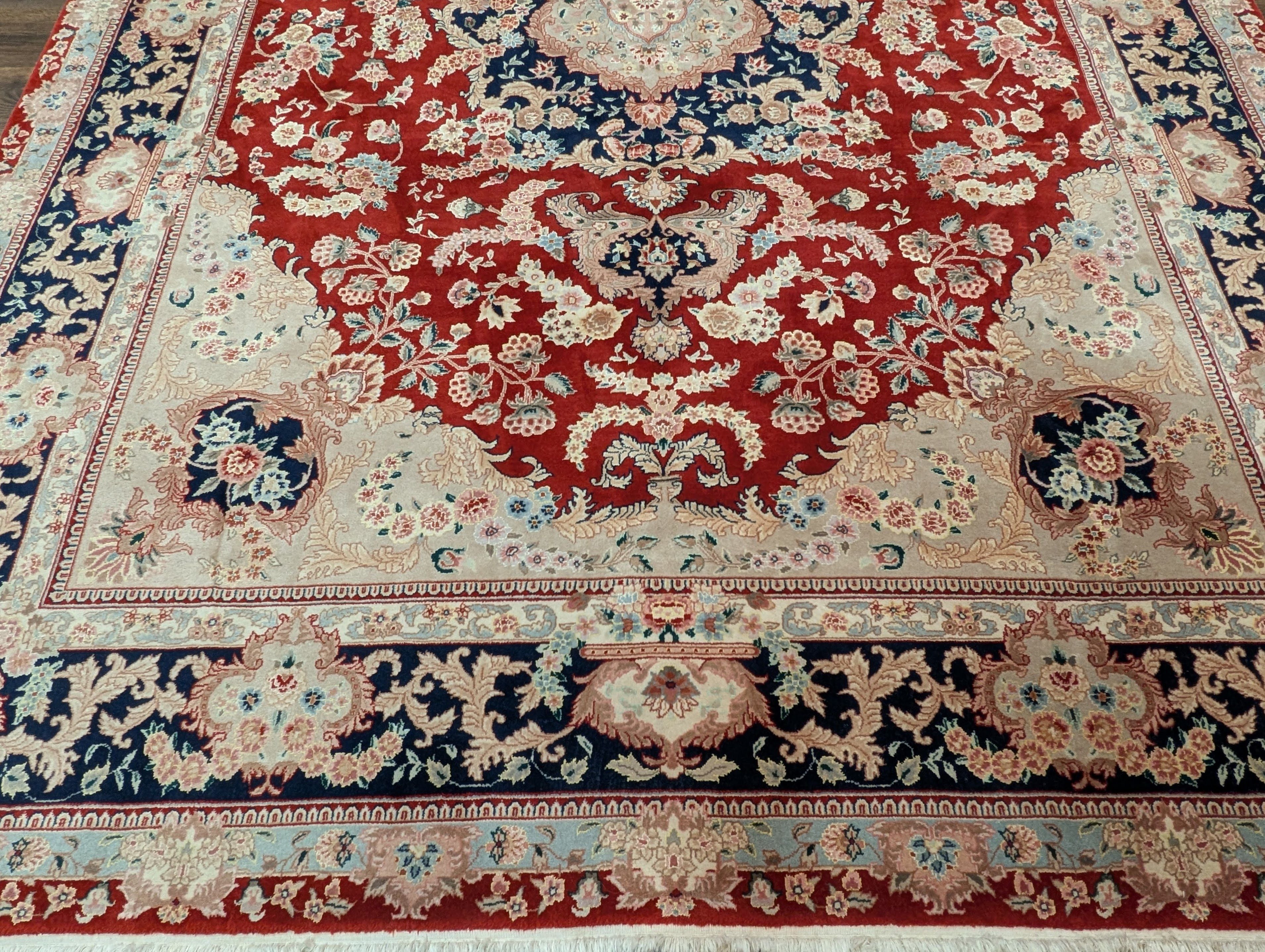 Pak Persian Rug 9x12 – Red and Navy, Wool and Silk, Medallion Oriental Carpet, 225 KPSI - Jewel Rugs