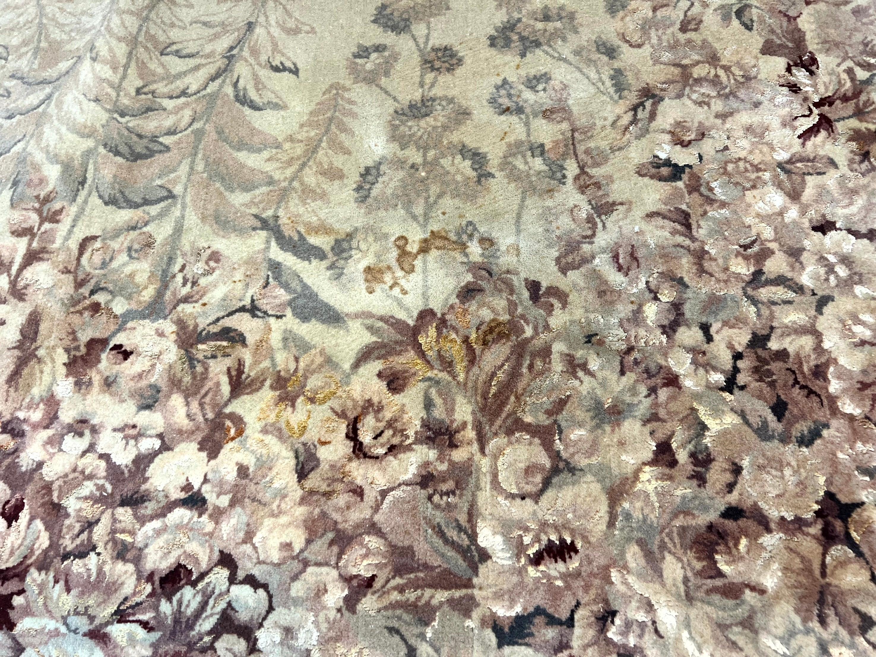 Aubusson Wool Rug 9x11, Wool with Silk Highlights, European Design, Vintage, Handmade, Floral, Fine 210 KPSI - Jewel Rugs