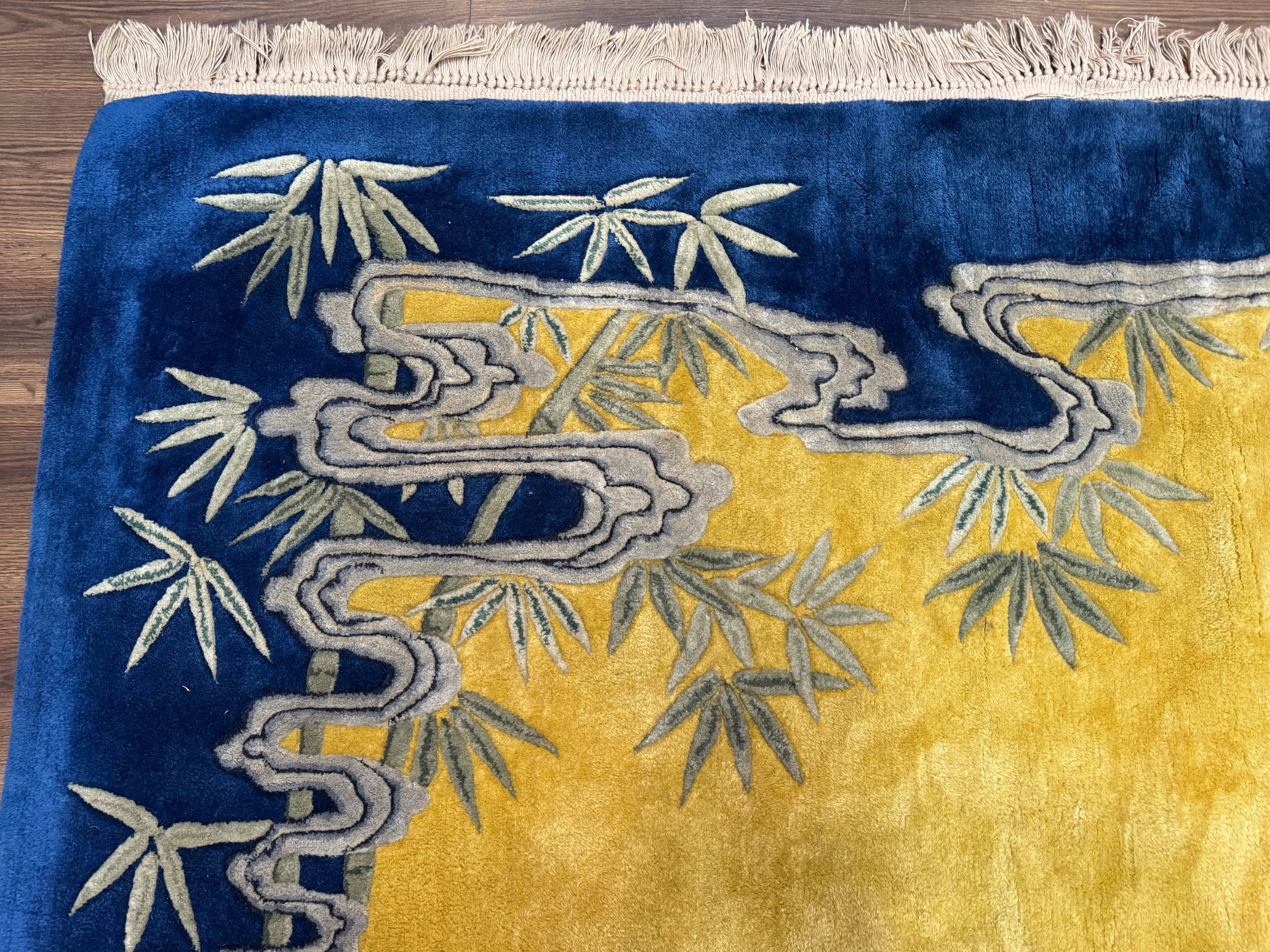 Chinese Peking Rug 9.6 x 13, Light Mustard & Blue, Wool Chinese Carpet, Hand Tufted, Vintage - Jewel Rugs