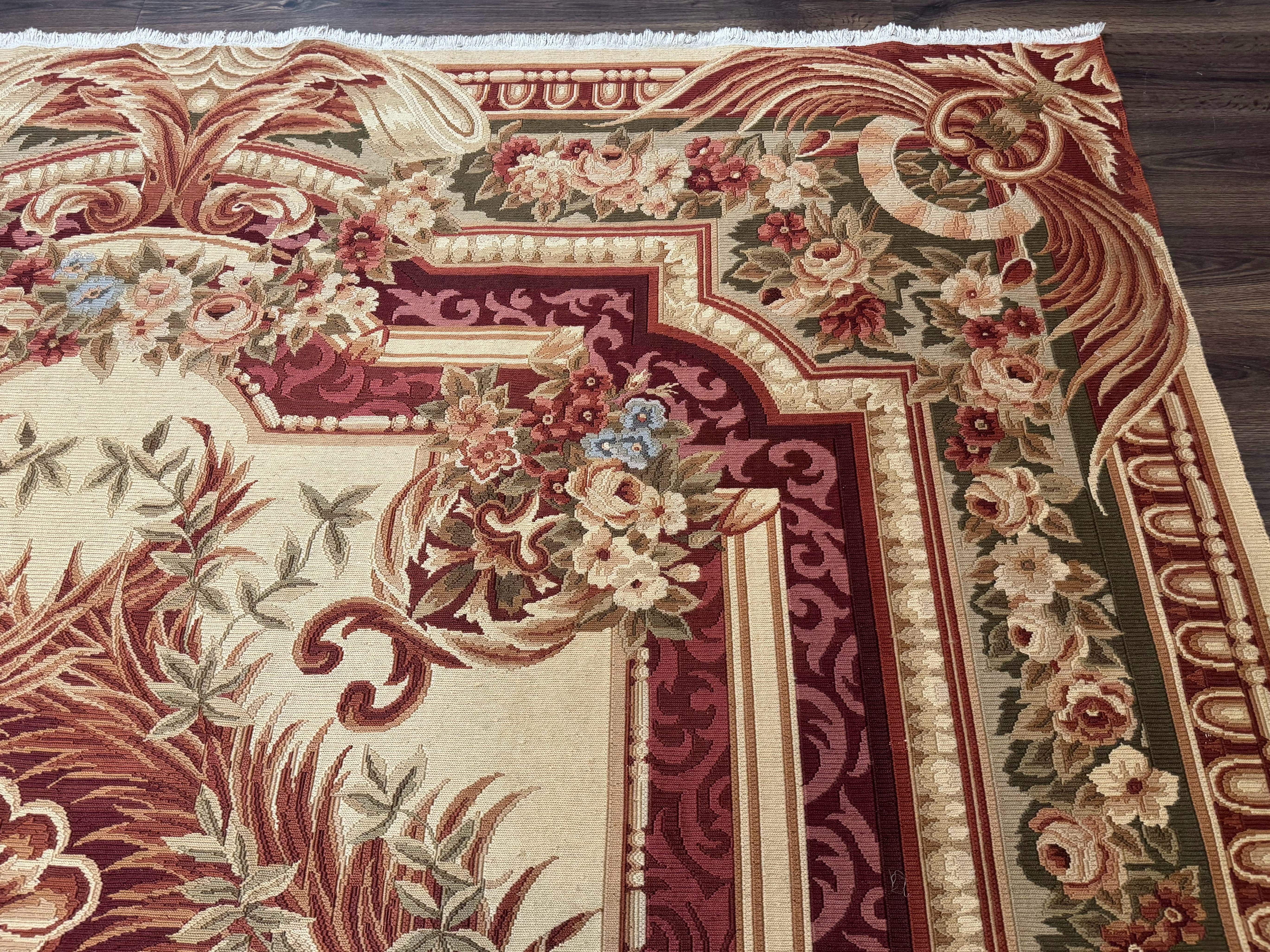 Large Aubusson Rug 10x13, Thick Flatweave Carpet, Elegant European Design, Cream and Raspberry - Jewel Rugs