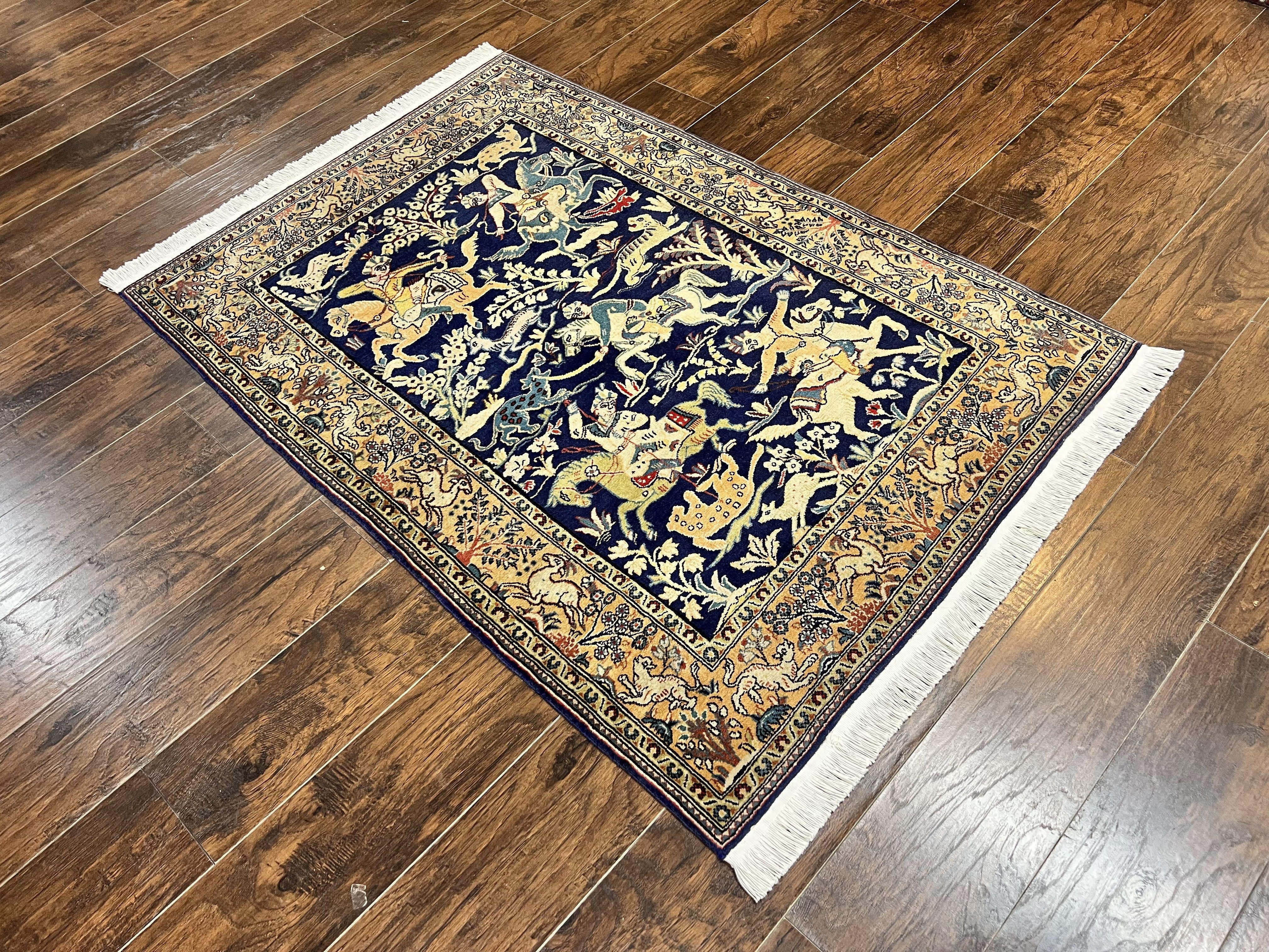 Persian Qum Hunting Design Rug 4x5, Wool Hand Knotted Vintage Oriental Carpet, Navy Blue & Mustard, Horsemen Animal Pictorials, Rare - Jewel Rugs