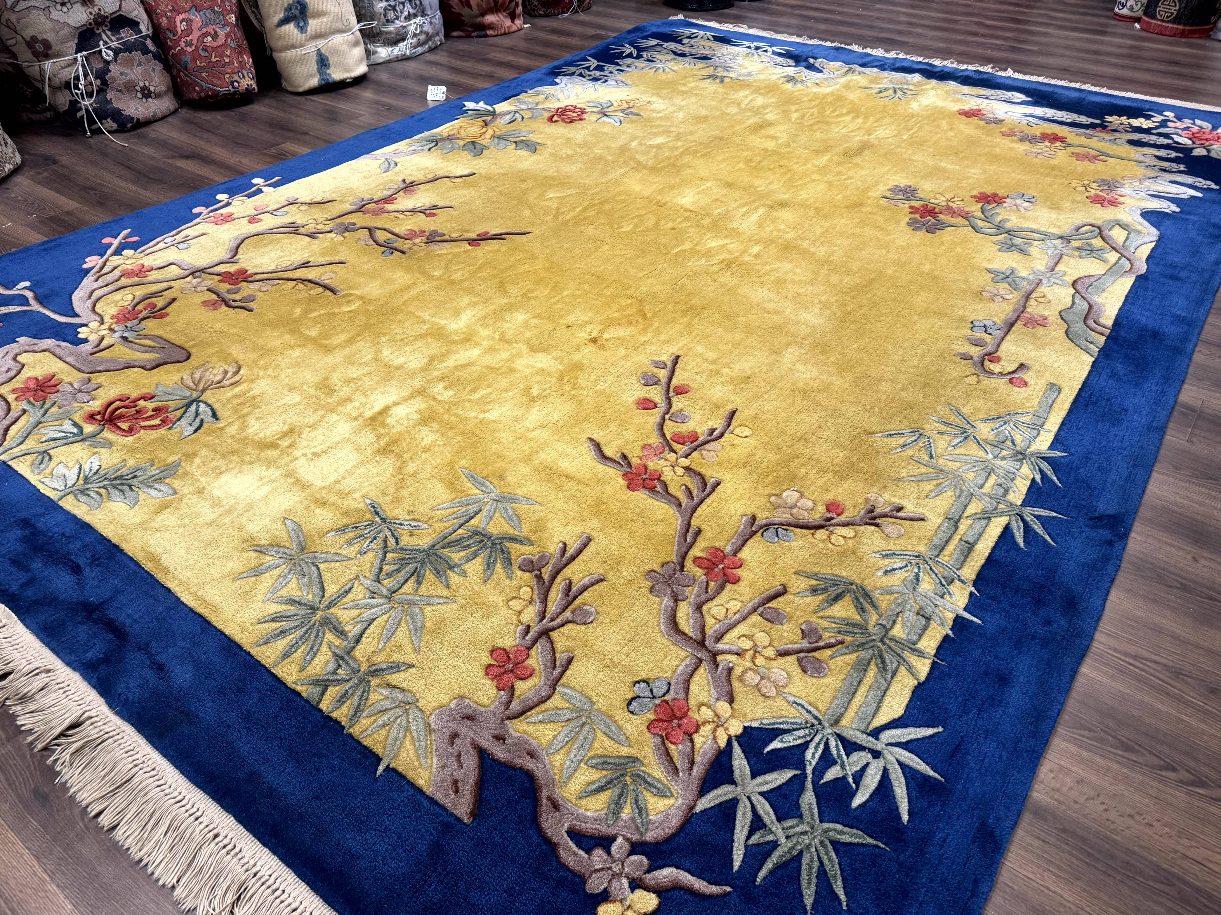 Chinese Peking Rug 9.6 x 13, Light Mustard & Blue, Wool Chinese Carpet, Hand Tufted, Vintage - Jewel Rugs