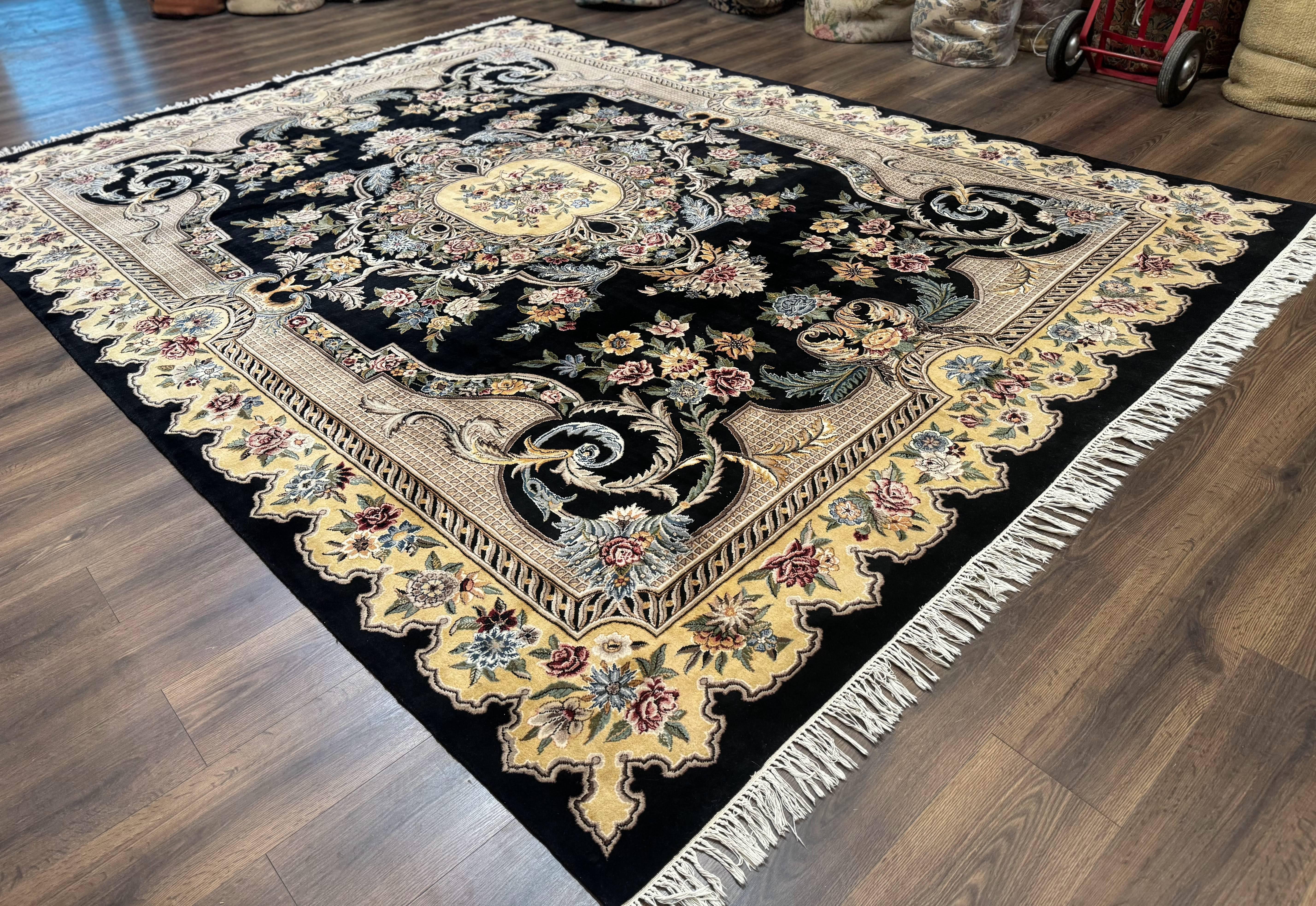 Aubusson Rug 9x12, Black and Beige, Floral, Elegant Handmade French European Design Carpet - Jewel Rugs