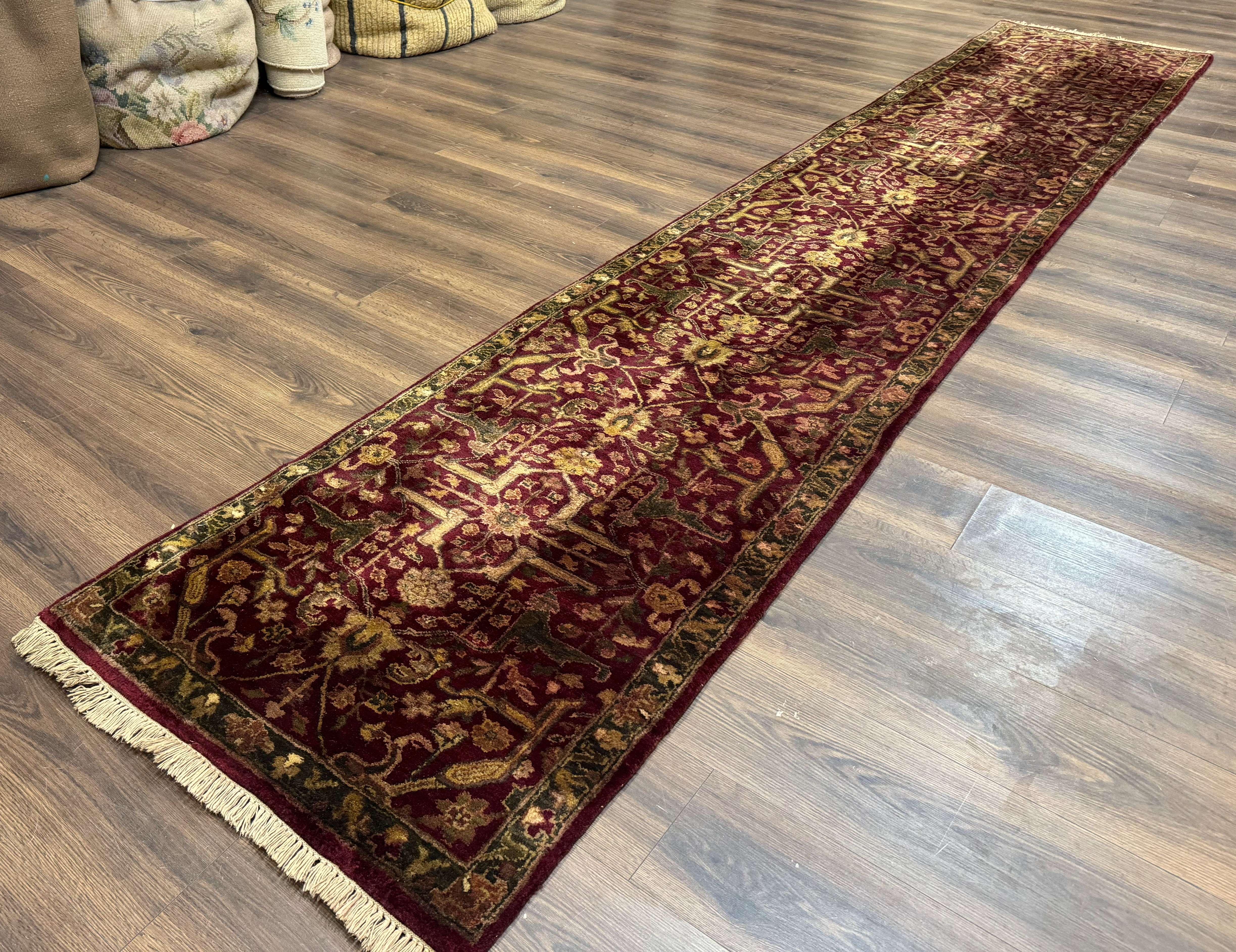 Indo Persian Runner Rug 2.7 x 13.8, Maroon, Wool, Handmade Indian Rug for Hallway - Jewel Rugs