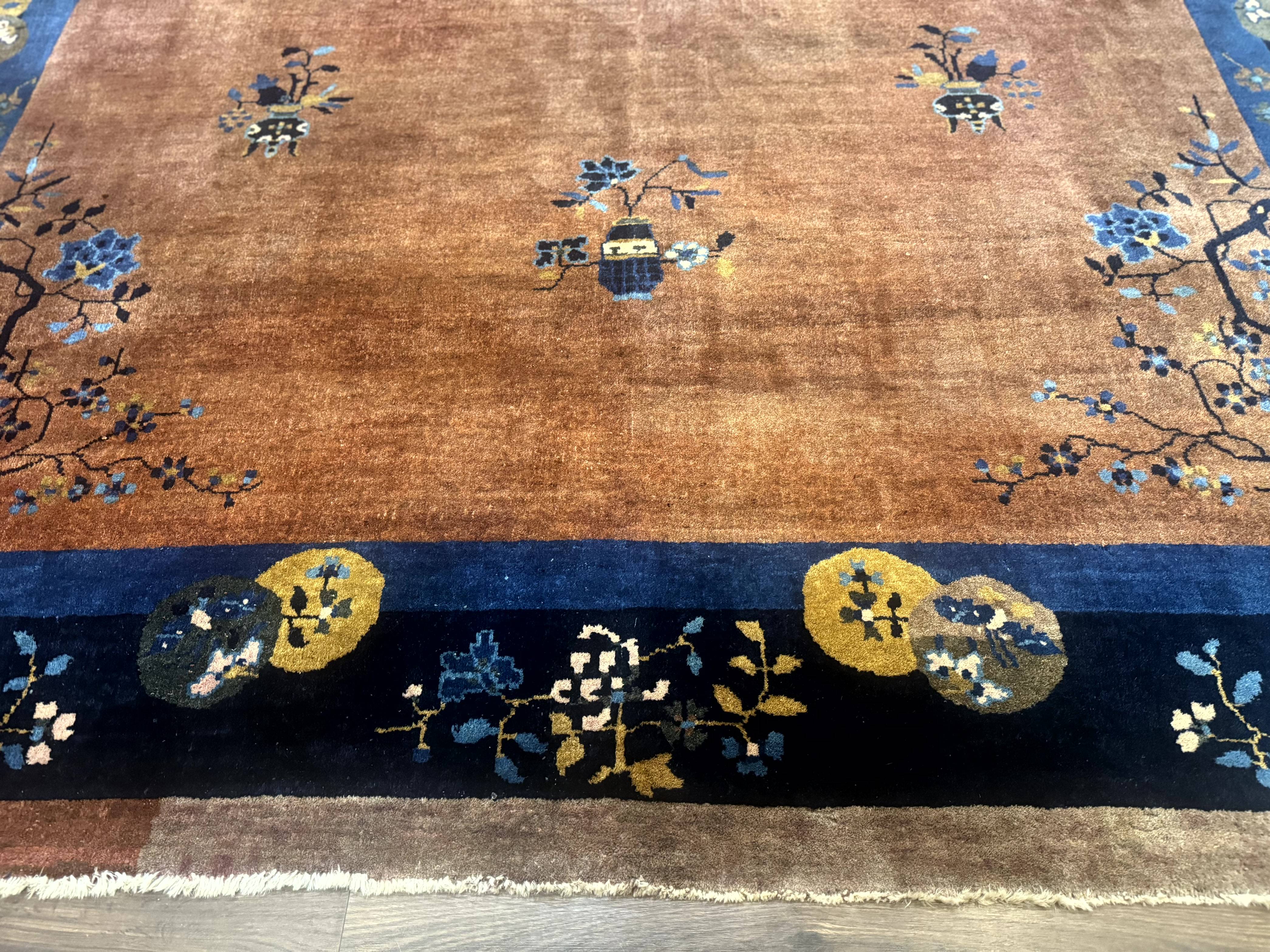 Antique Chinese Wool Rug 9x12, Light Brown and Navy Blue, Fete Peking Art Deco - Jewel Rugs