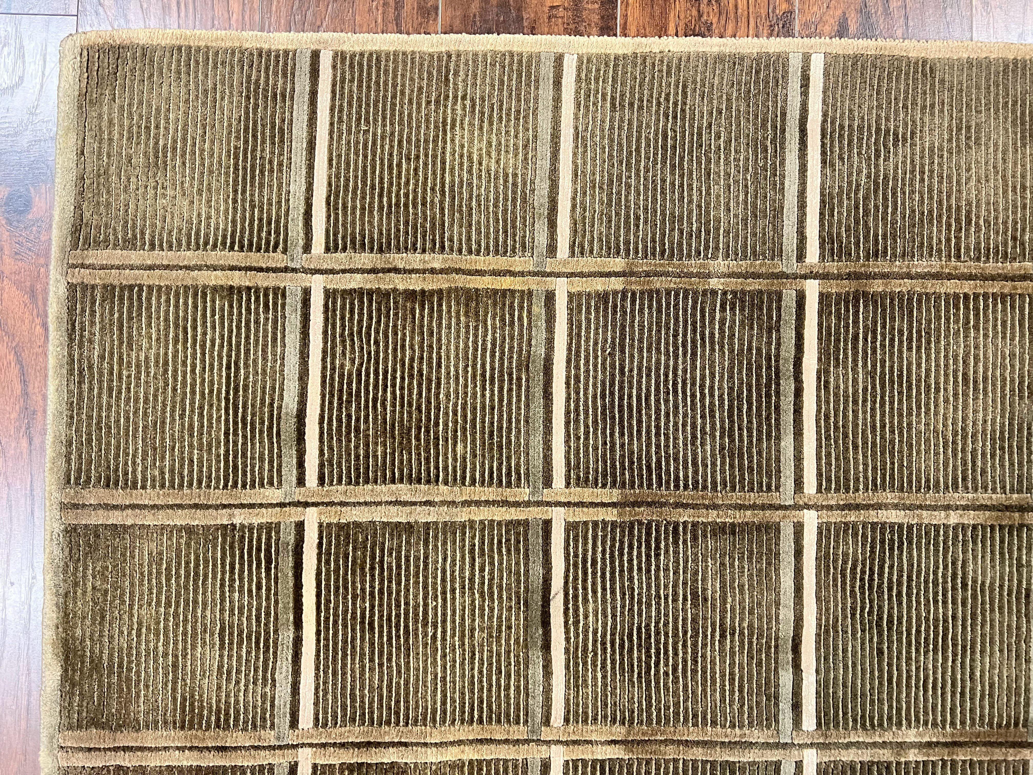 Tibetan Rug 4x6, Green Wool Handmade Area Rug 4 x 6, Panel Design, Modern Contemporary - Jewel Rugs