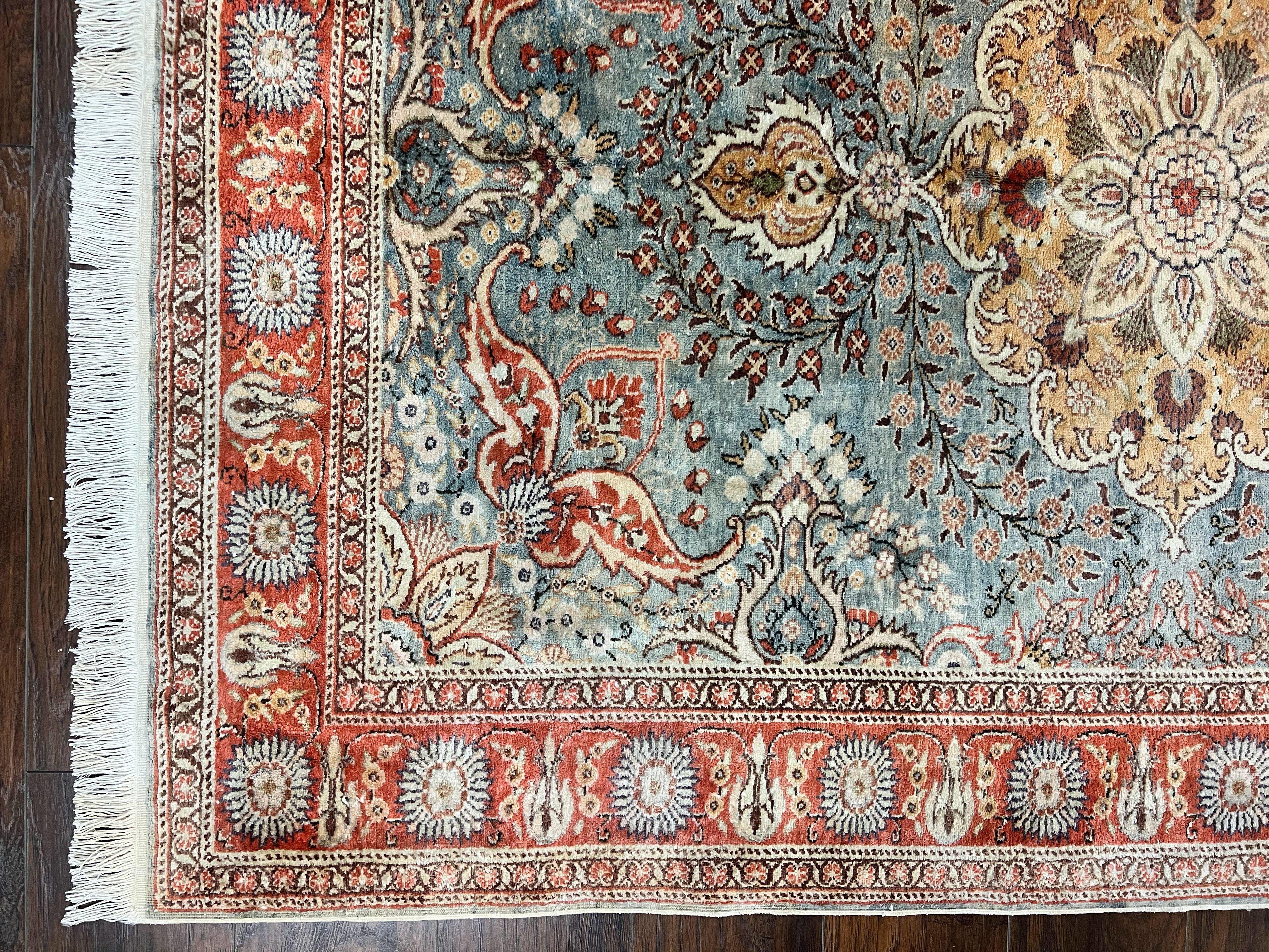 Silk Turkish Rug 5x7, Light Blue Silk Carpet, Floral Medallion, Turkish Kayseri Rug, Vintage Handmade Oriental Rug - Jewel Rugs