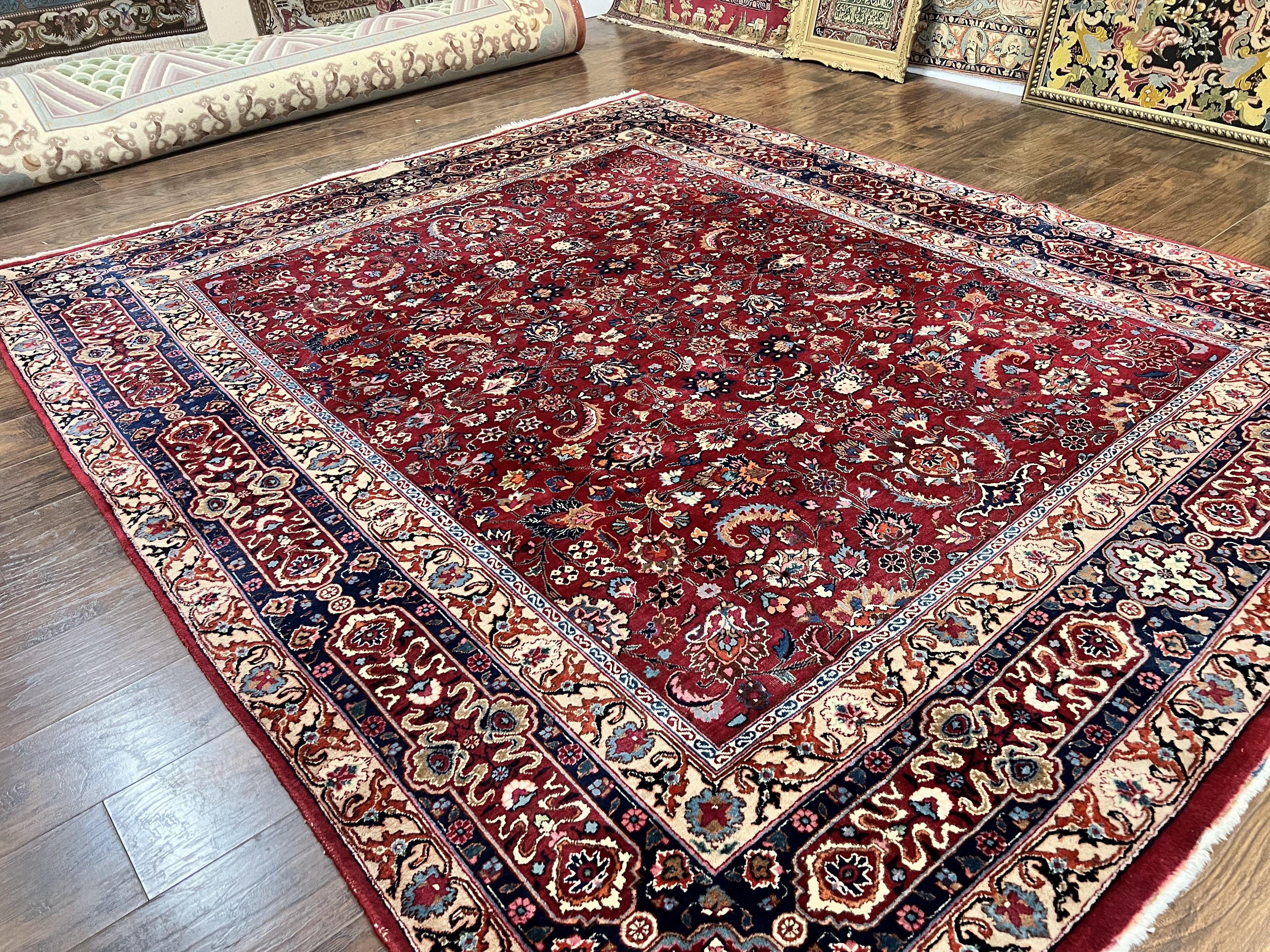 Signed Persian Mashad Rug 8x10, Wool Oriental Carpet, Semi Antique Rug, Hand Knotted, Traditional, Red, Floral Allover, - Jewel Rugs