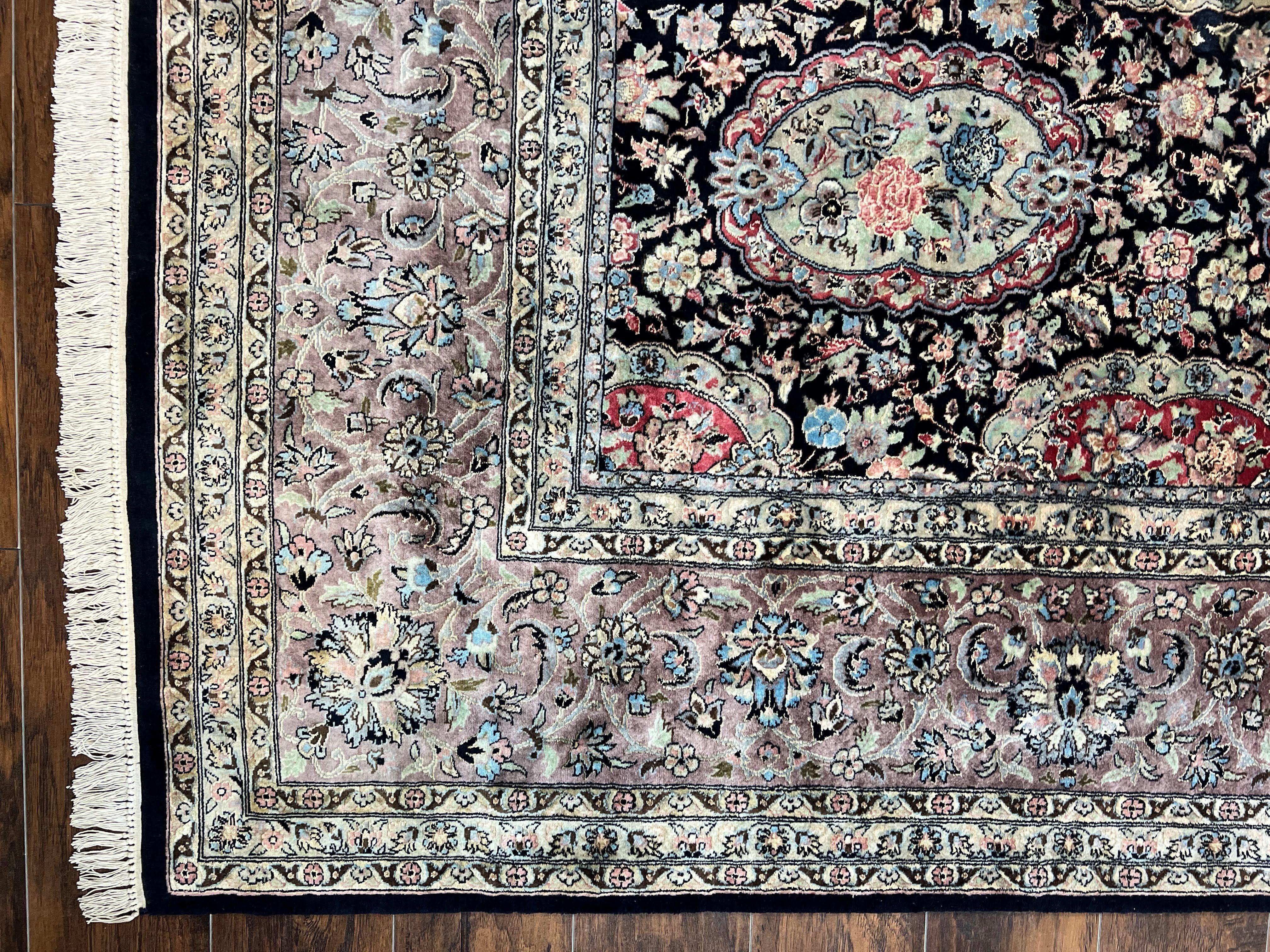 Sino Persian Rug 9x12, Navy Blue and Pink Hand Knotted Wool and Silk Highlights Vintage Oriental Carpet, Handmade Floral Area Rug 9 x 12 ft - Jewel Rugs