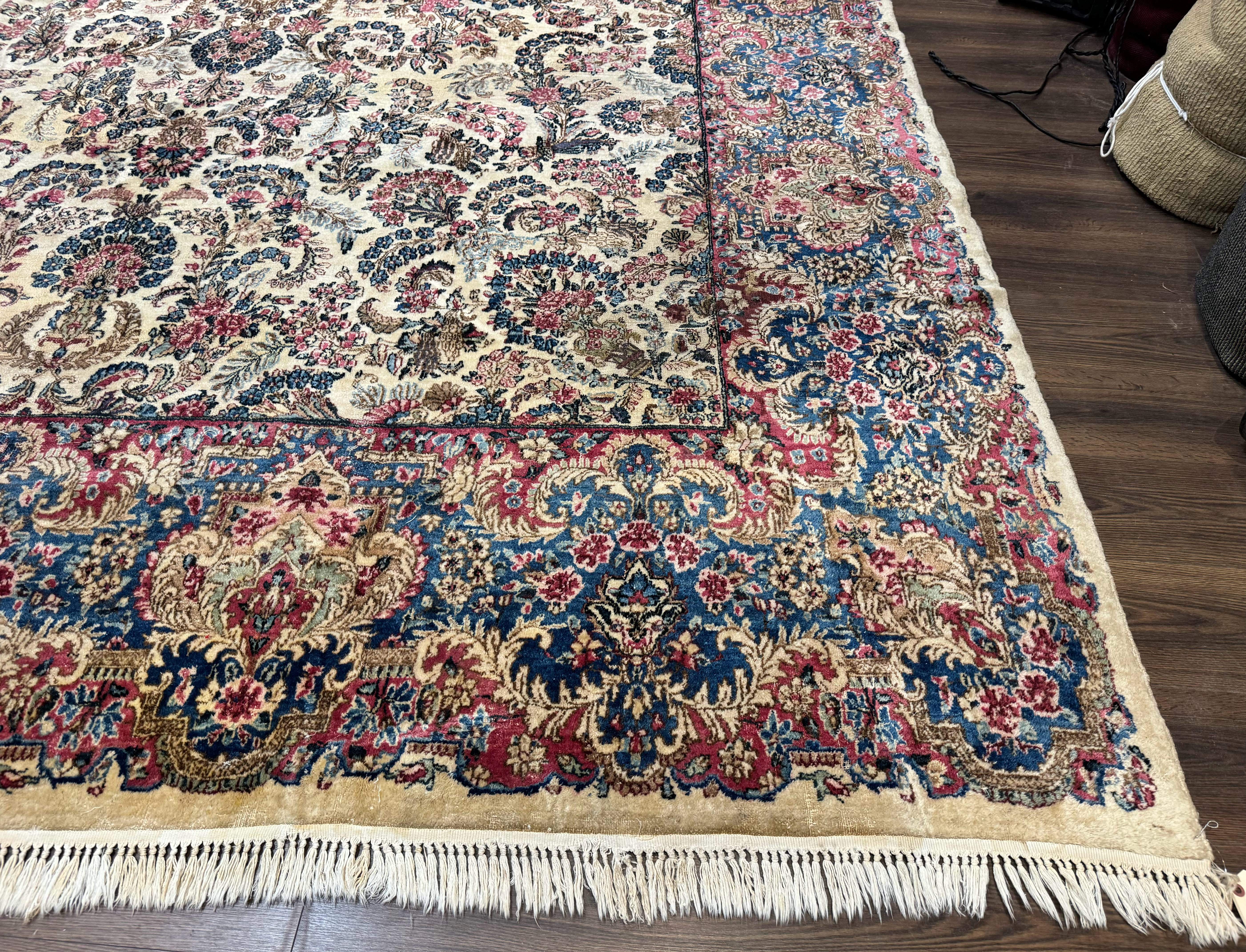 Palace Size Persian Kerman Rug 11x18, Ivory Blue Pink, Floral, Wool, Antique, 200 KPSI - Jewel Rugs