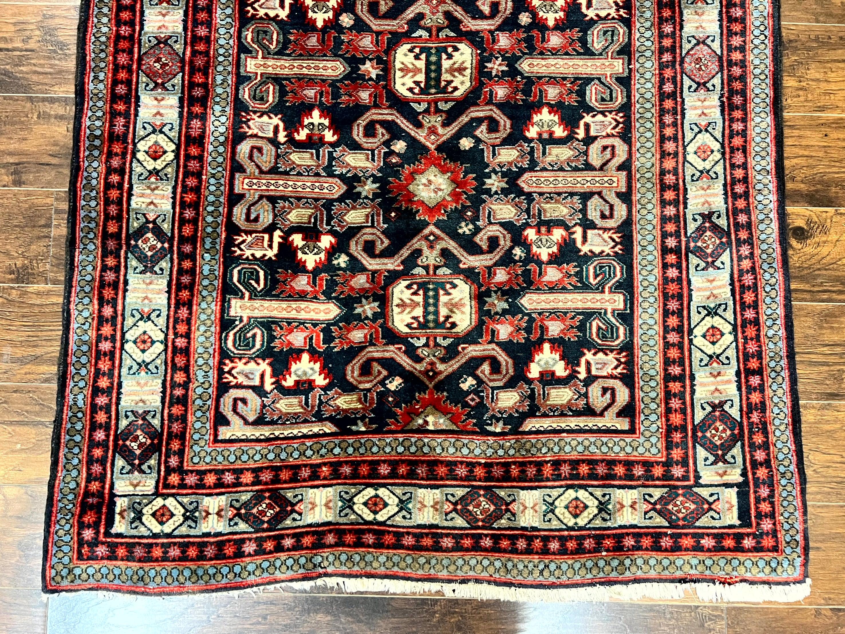 Persian Wide Runner Rug 4.8 x 10, Persian Kalegi Ardabil Rug, Perpedil Caucasian Rug, Antique Handmade Wool Carpet, Navy Blue Red, Tribal Rug - Jewel Rugs