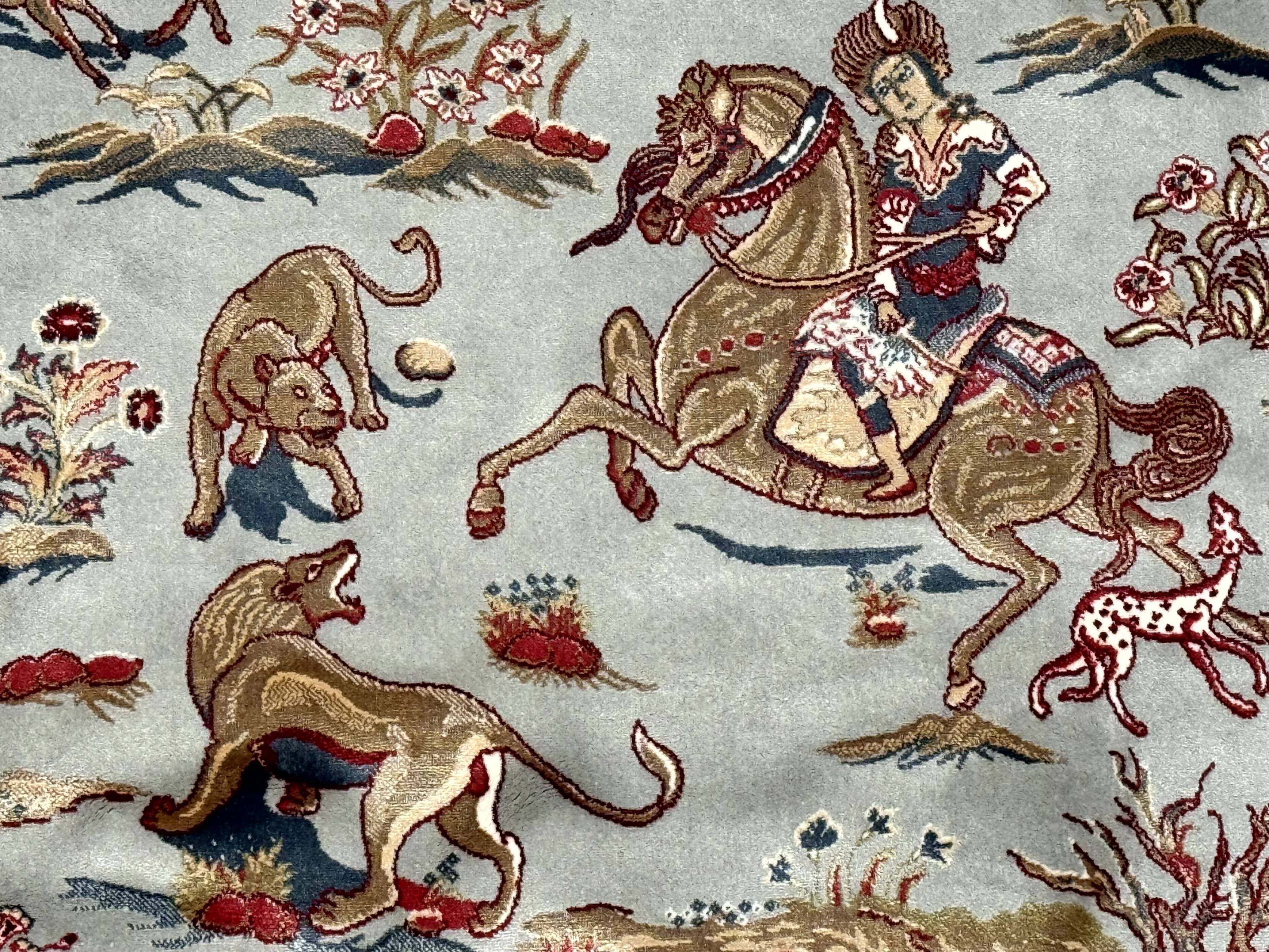 Round Silk Rug 6x6, Hunting Design, Bamboo Silk, Animal Pictorials - Jewel Rugs