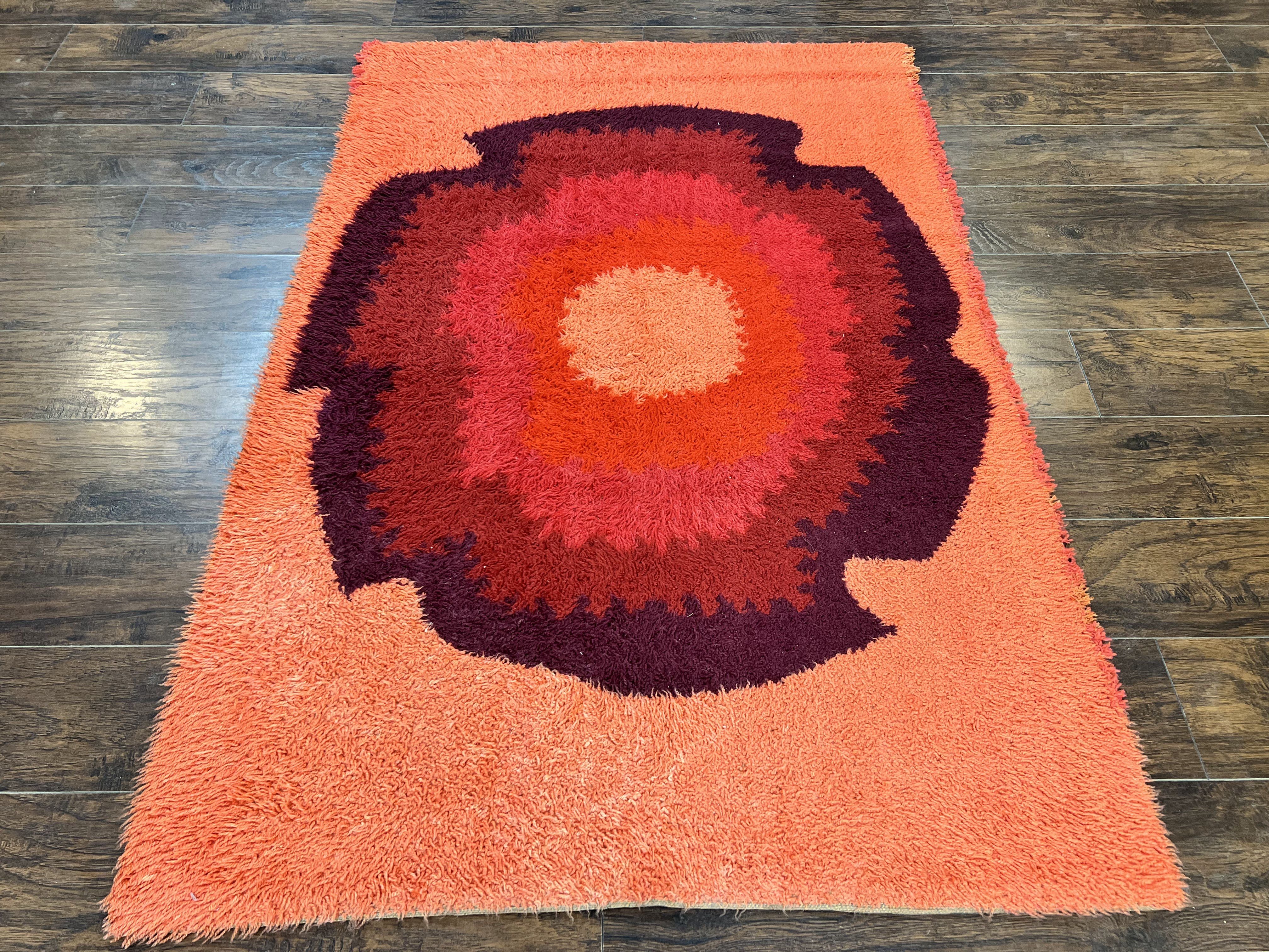 Danish Rya Shag Rug 4x6, Mid Century 1960s Retro Vintage Wool Rug, Shades of Red - Jewel Rugs