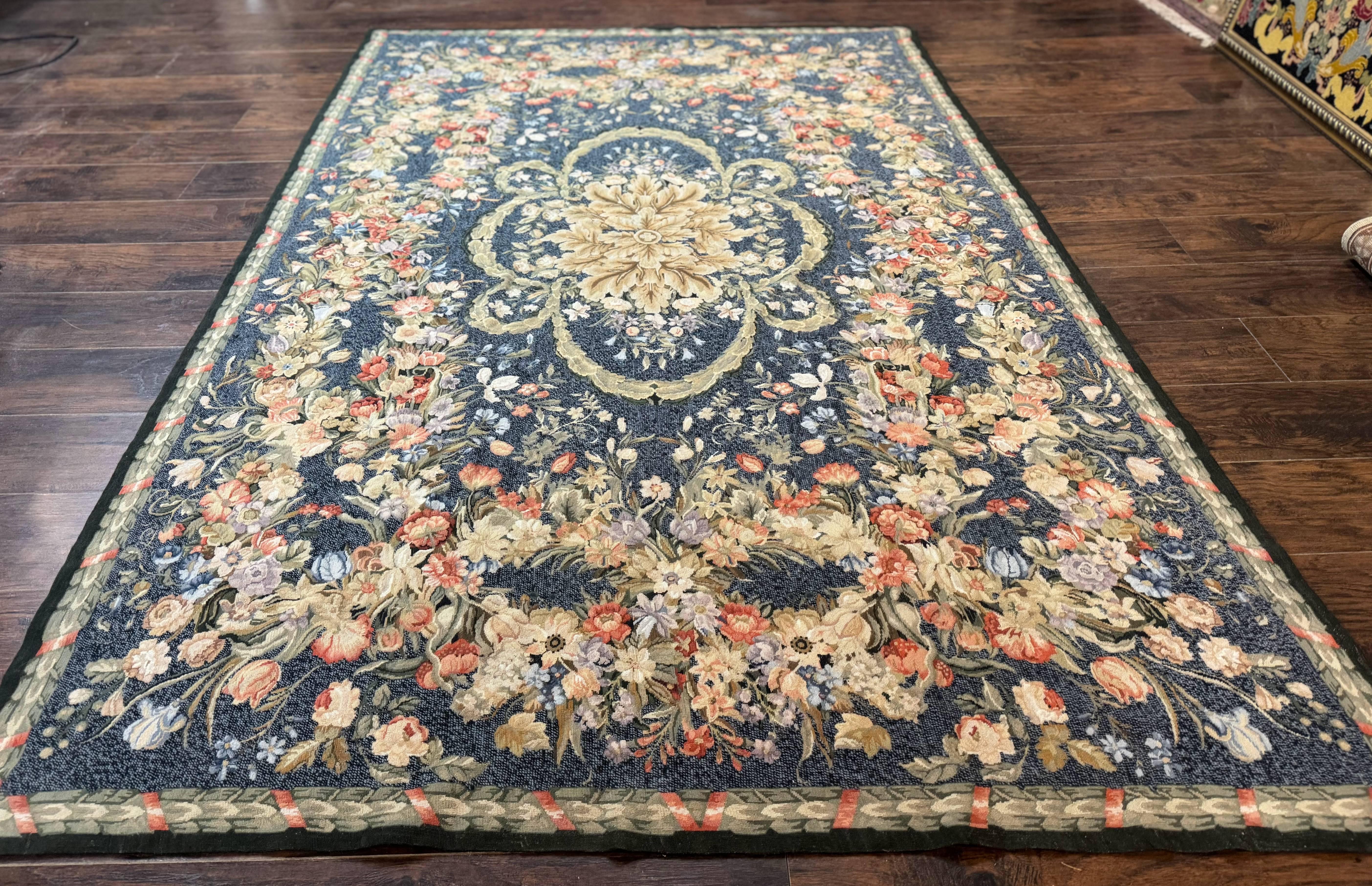 Needlepoint Rug 6x9, Petitepoint Area Rug, Floral Bouquets, European Aubusson French Design, Wool - Jewel Rugs