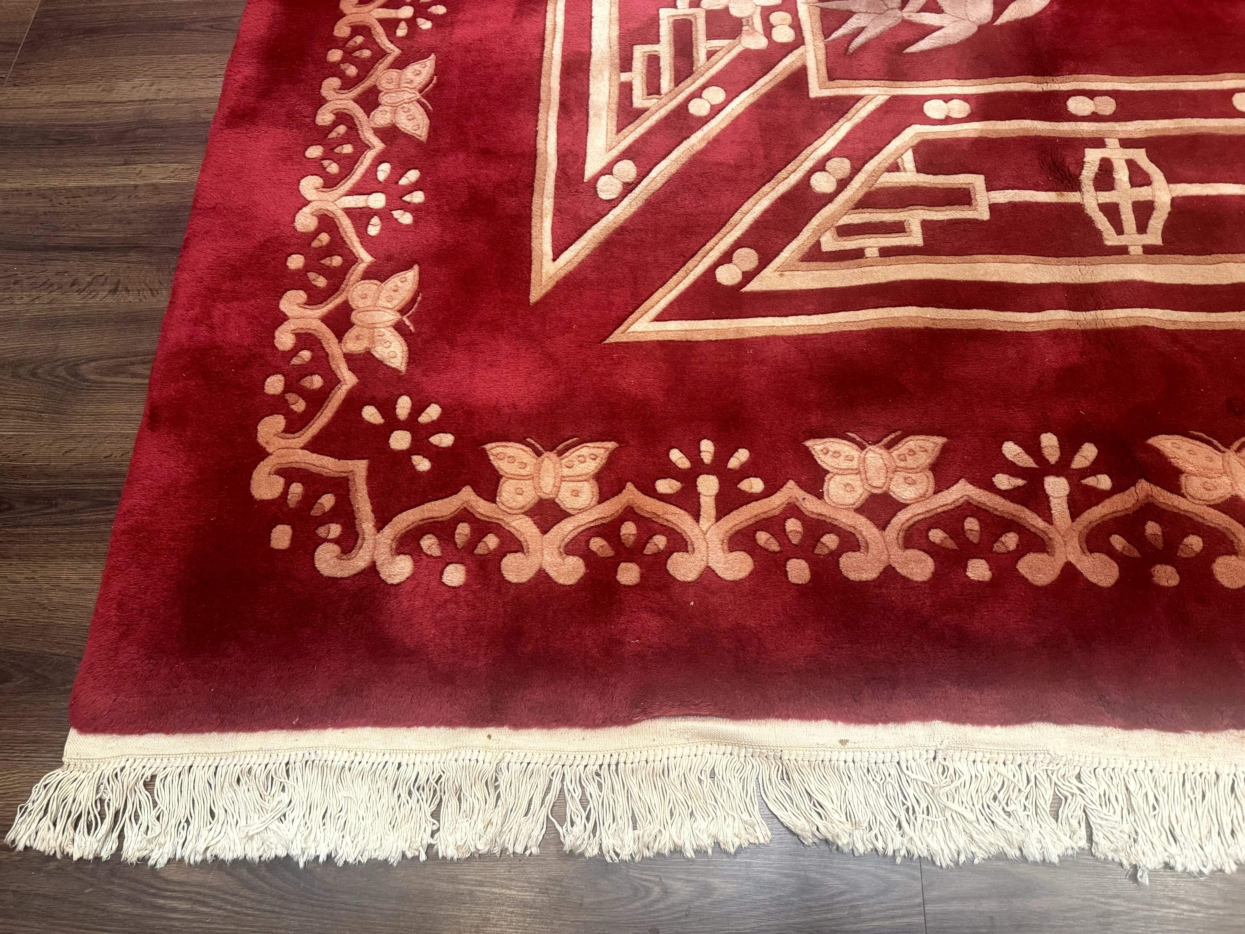 Palace Size Chinese Wool Rug 12x18, Red Art Deco Chinese Carving Carpet, Butterflies Flowers - Jewel Rugs