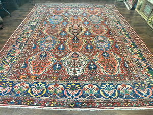 Large Persian Bakhtiari Rug 10x14, Rare Perisan Tribal Rug, Red Blue Ivory Multicolor, Hand Knotted, Semi Antique Carpet